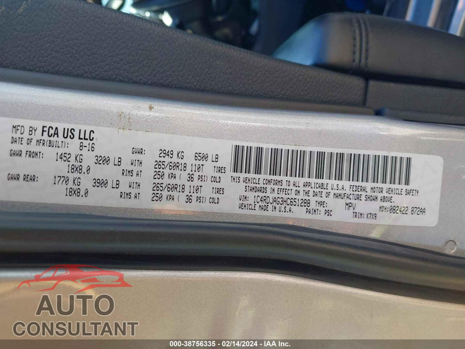 DODGE DURANGO 2017 - 1C4RDJAG3HC651288