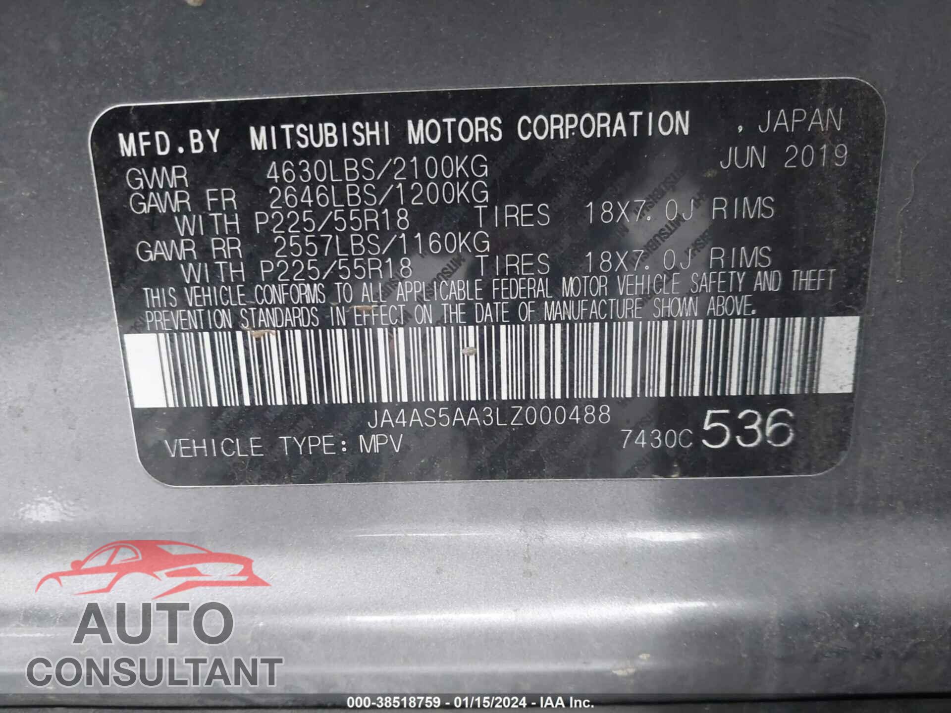 MITSUBISHI ECLIPSE CROSS 2020 - JA4AS5AA3LZ000488