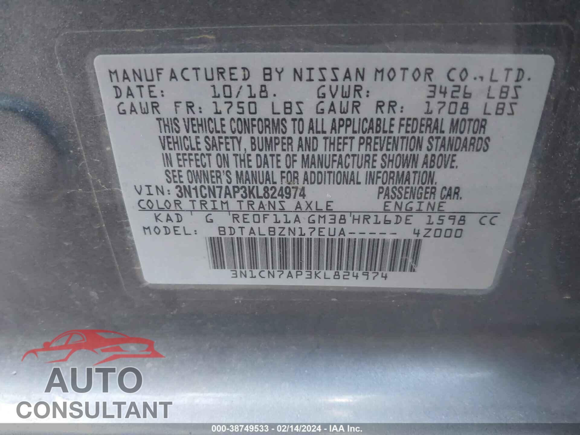 NISSAN VERSA 2019 - 3N1CN7AP3KL824974