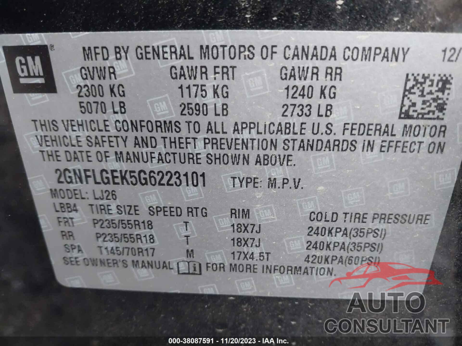 CHEVROLET EQUINOX 2016 - 2GNFLGEK5G6223101