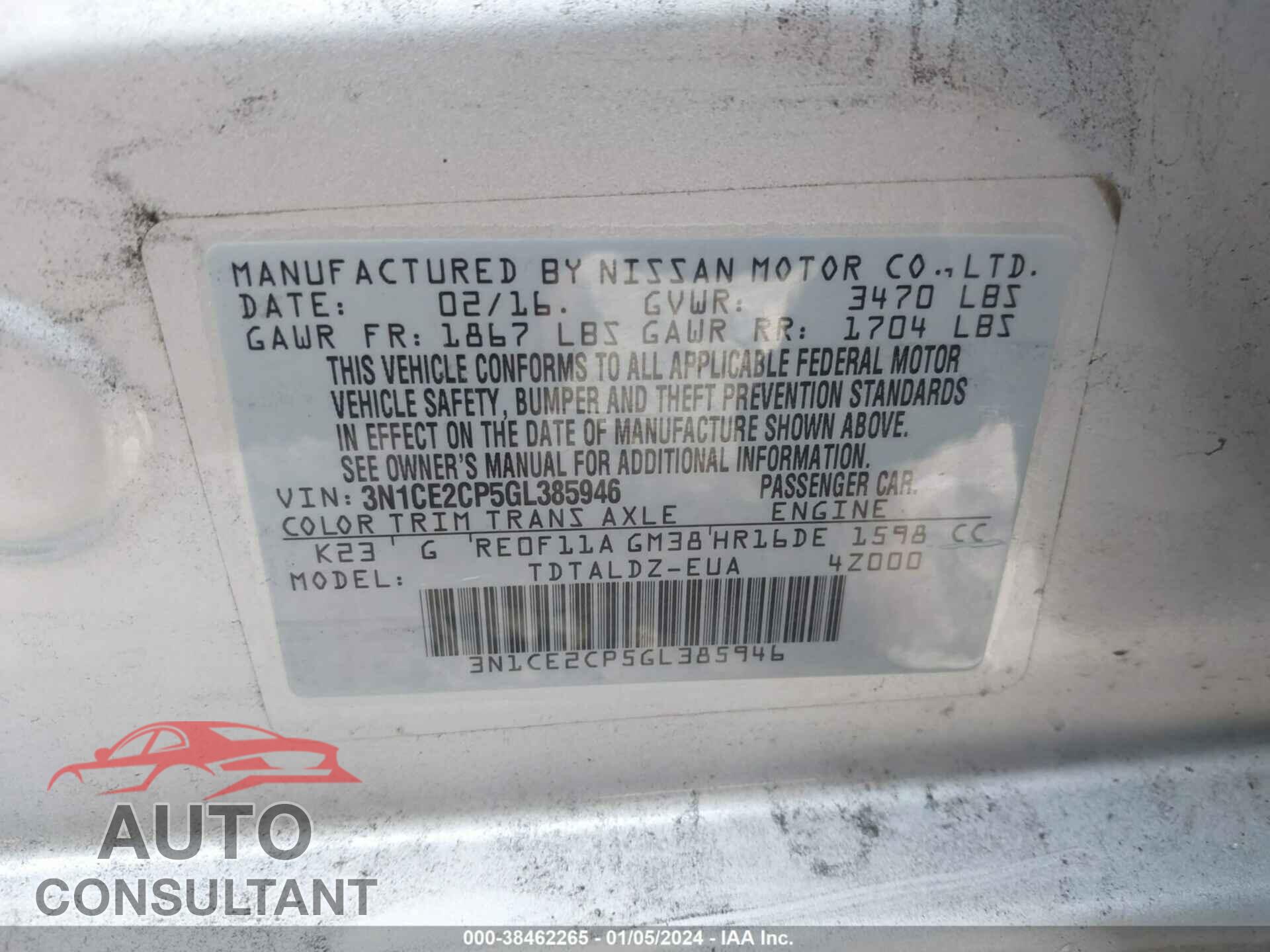 NISSAN VERSA NOTE 2016 - 3N1CE2CP5GL385946