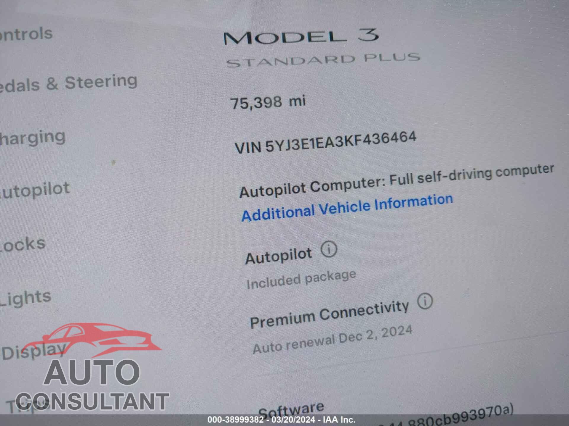 TESLA MODEL 3 2019 - 5YJ3E1EA3KF436464