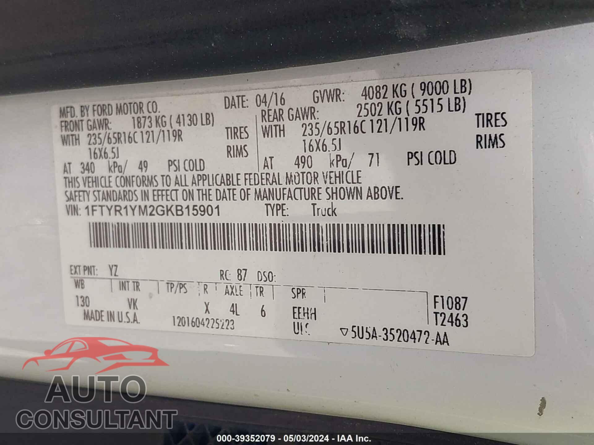 FORD TRANSIT 2016 - 1FTYR1YM2GKB15901