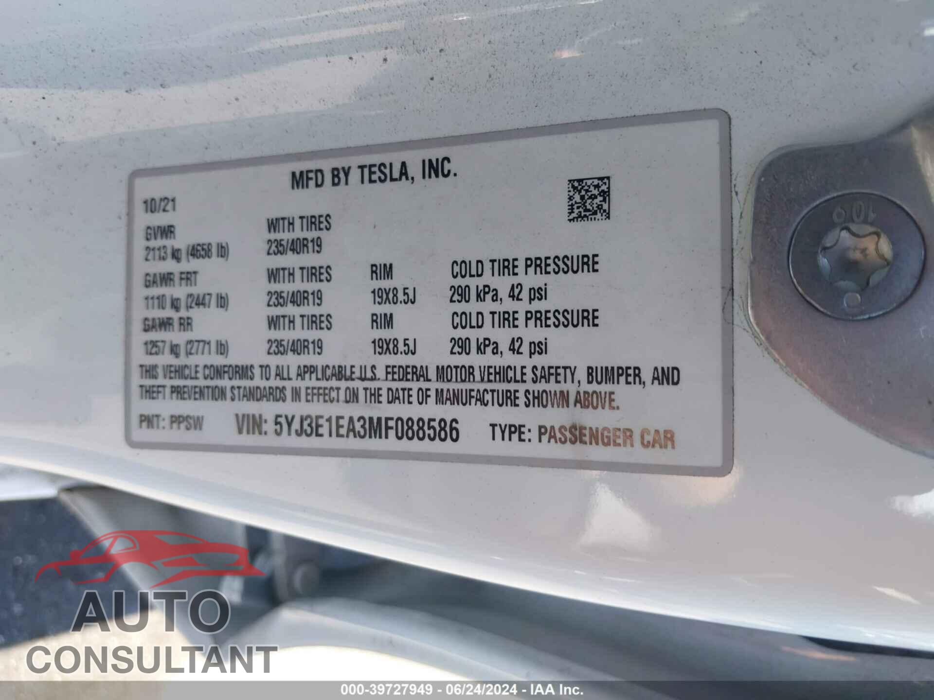 TESLA MODEL 3 2021 - 5YJ3E1EA3MF088586