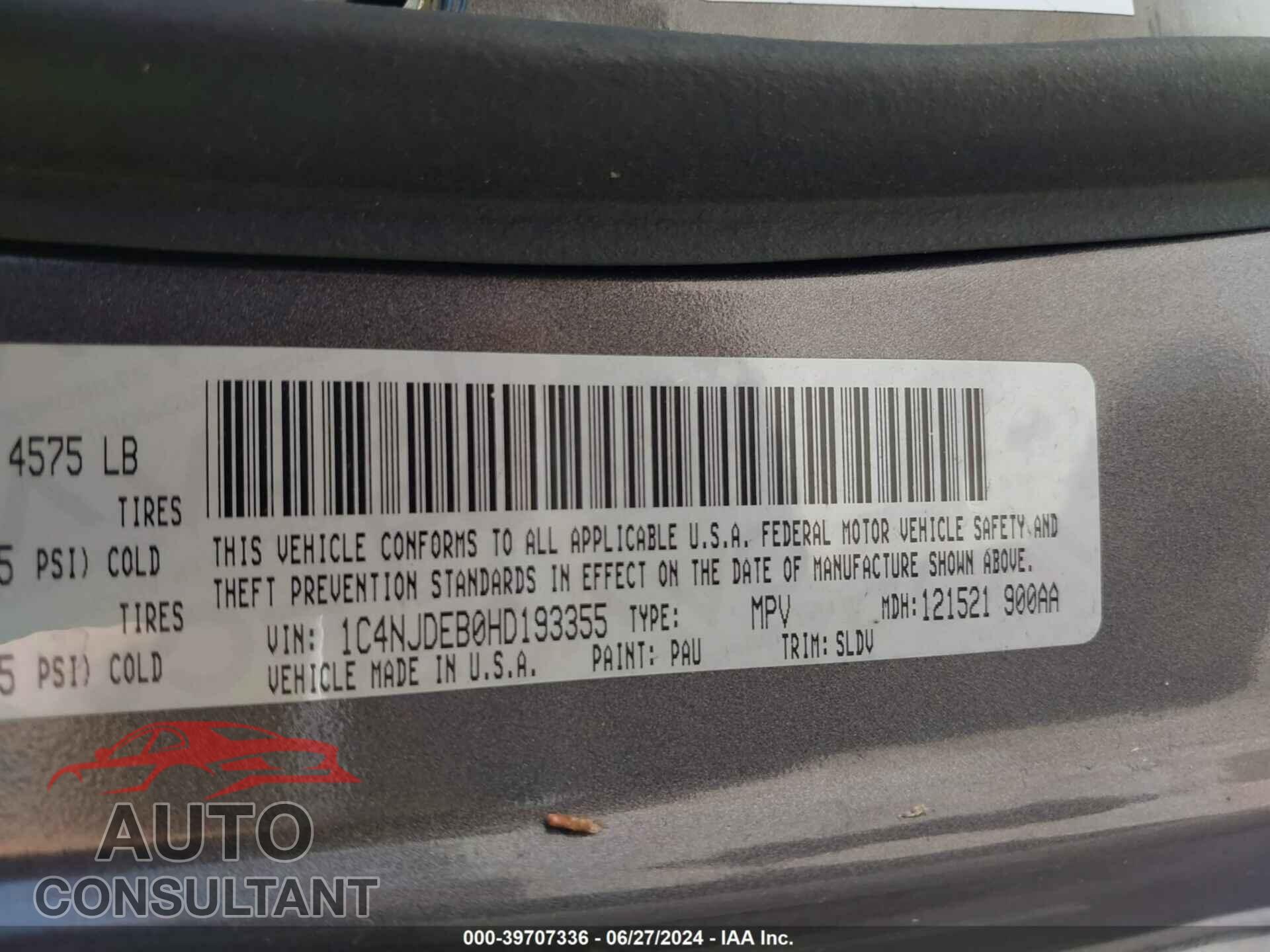 JEEP COMPASS 2017 - 1C4NJDEB0HD193355