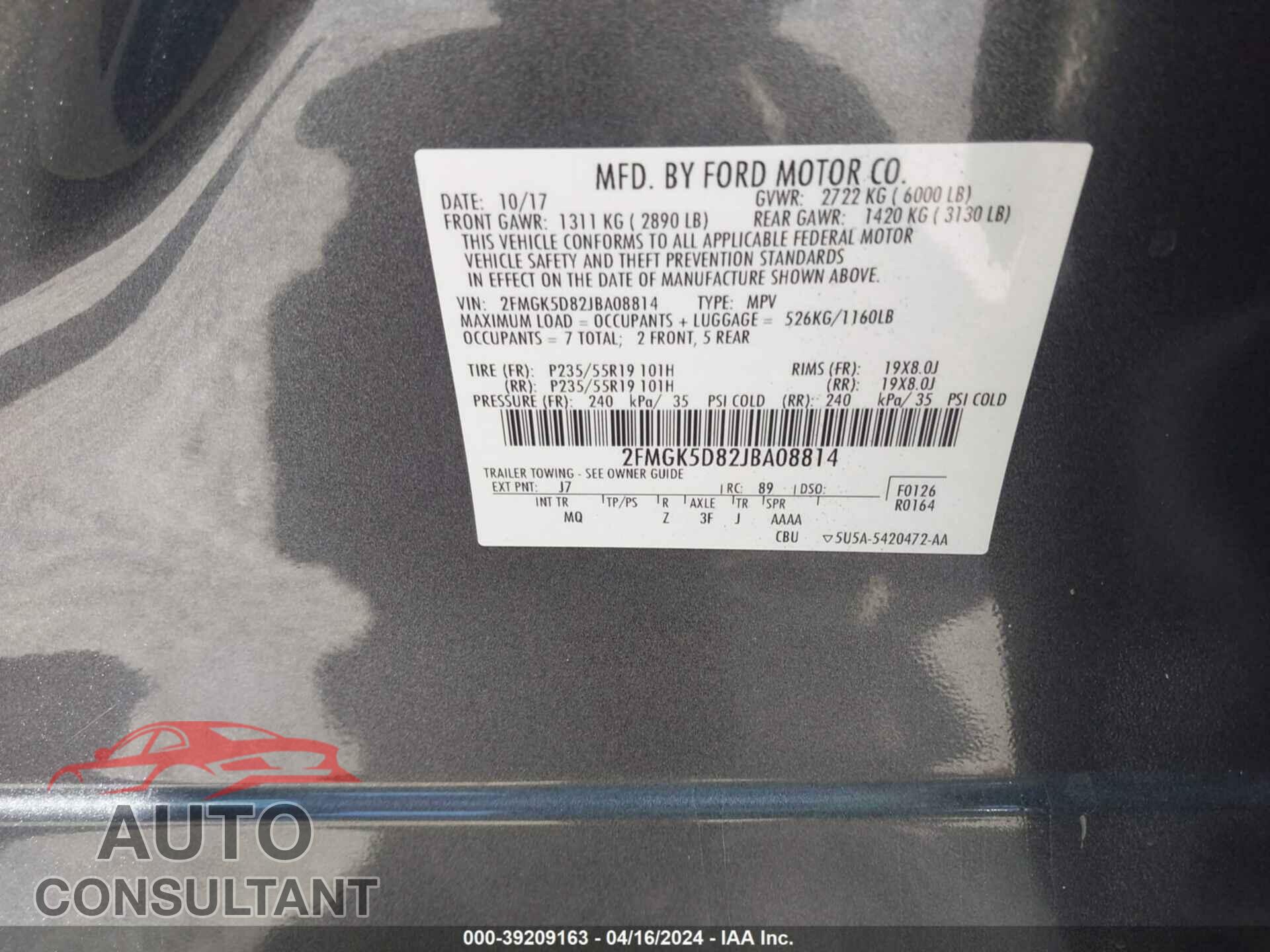 FORD FLEX 2018 - 2FMGK5D82JBA08814