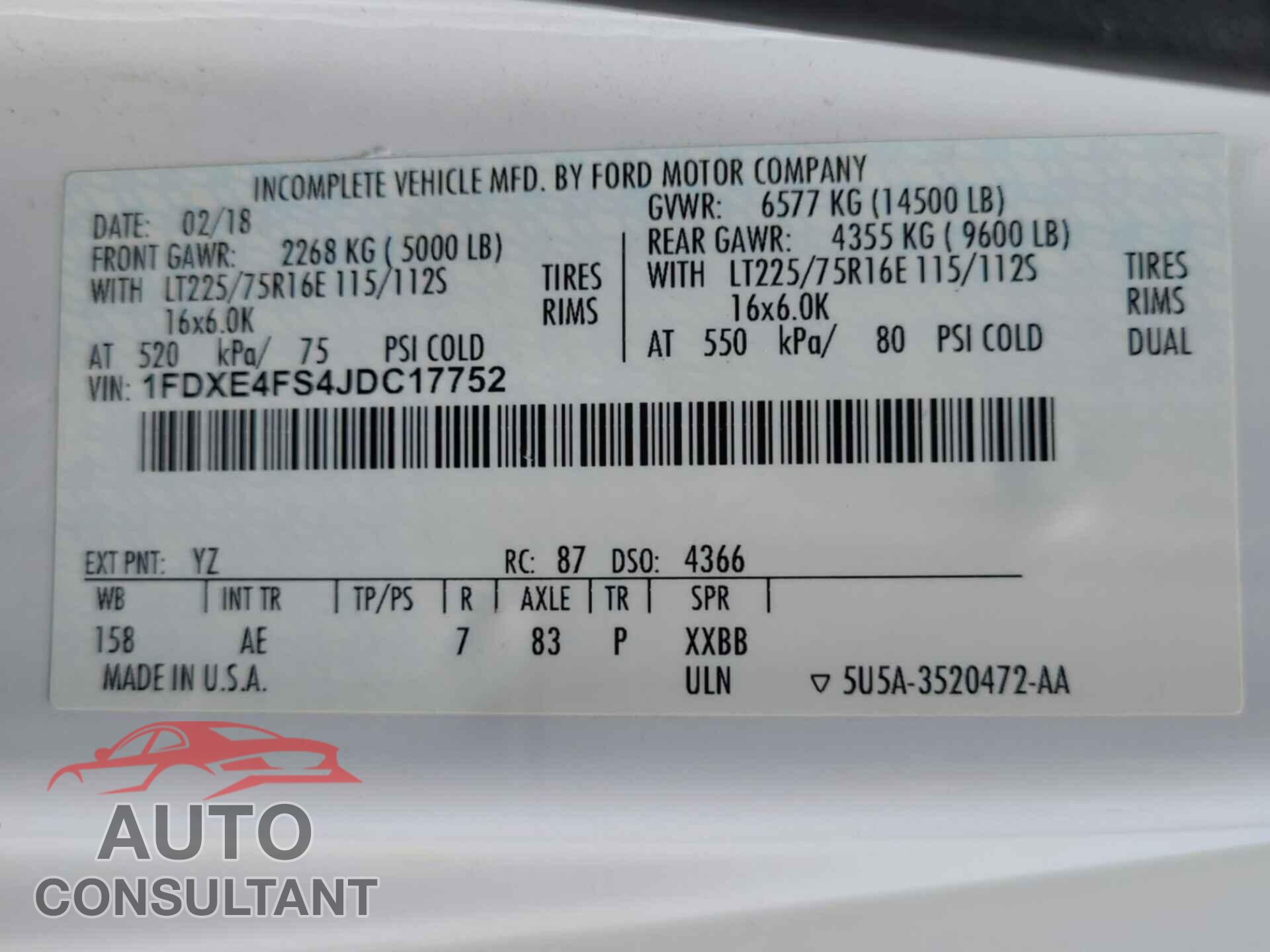 FORD ECONOLINE 2018 - 1FDXE4FS4JDC17752