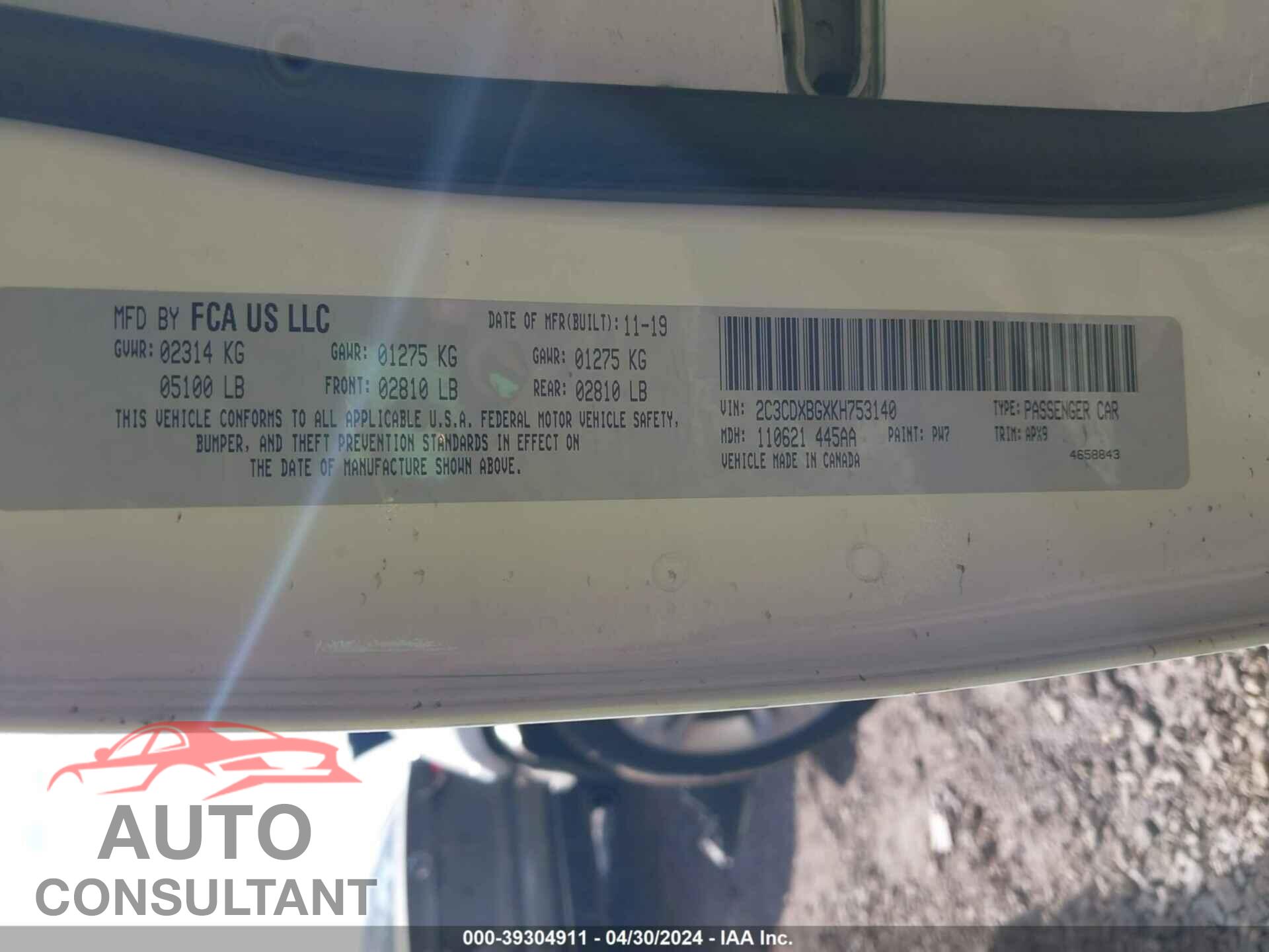 DODGE CHARGER 2019 - 2C3CDXBGXKH753140