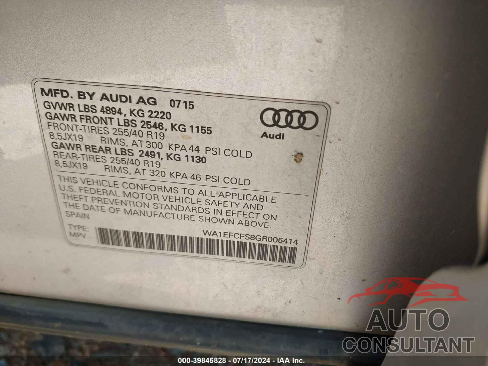AUDI Q3 2016 - WA1EFCFS8GR005414