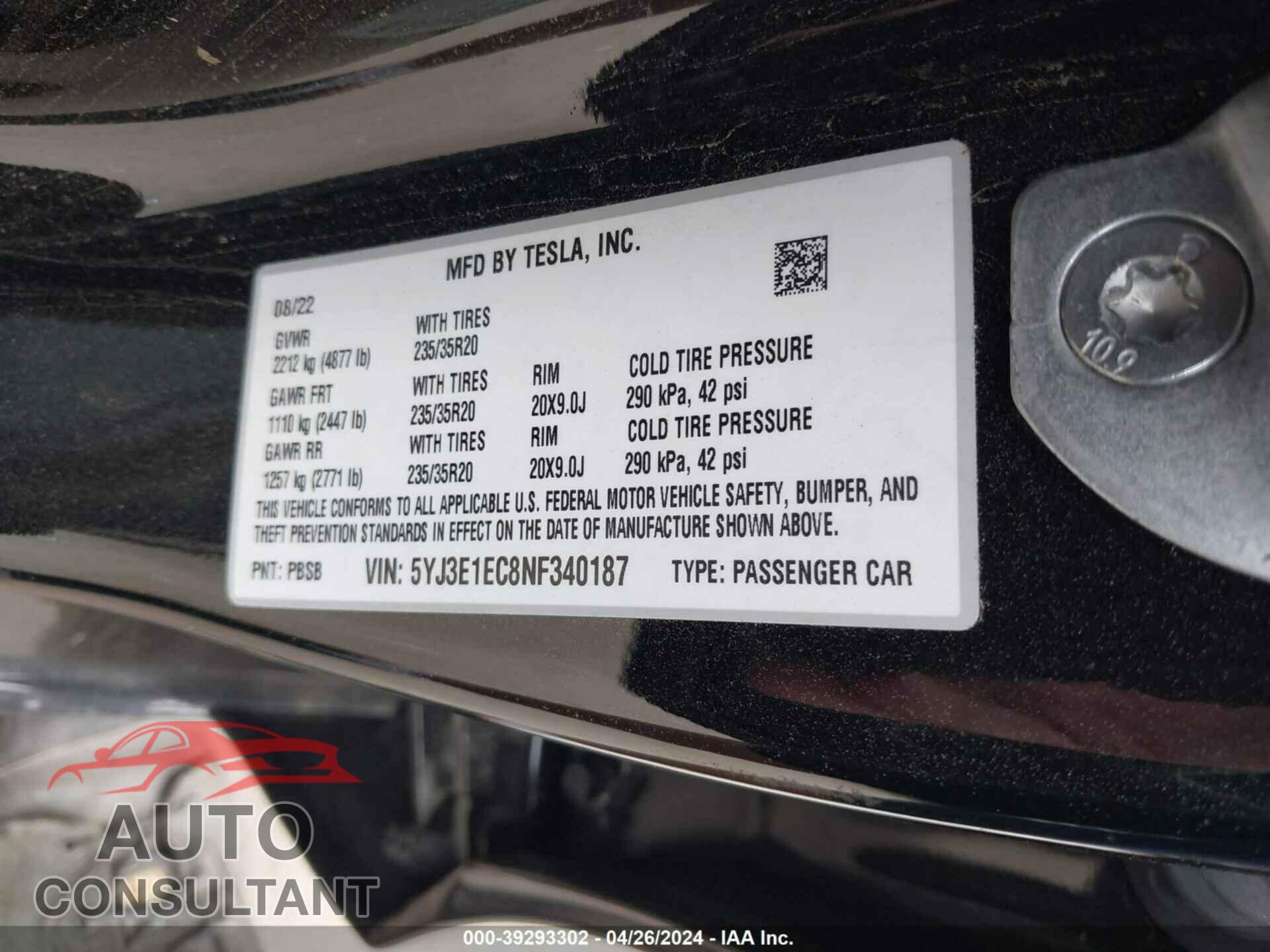 TESLA MODEL 3 2022 - 5YJ3E1EC8NF340187