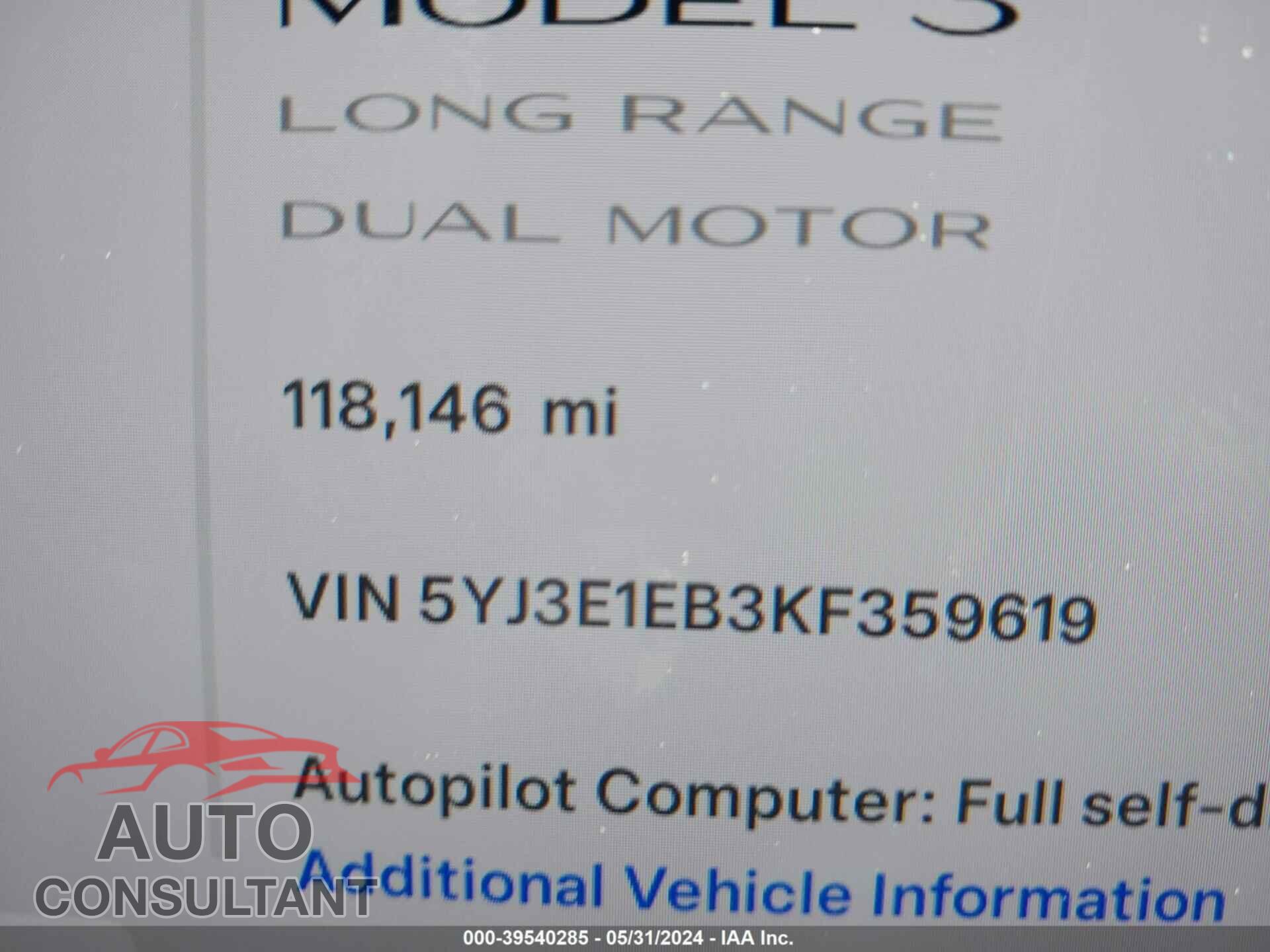 TESLA MODEL 3 2019 - 5YJ3E1EB3KF359619