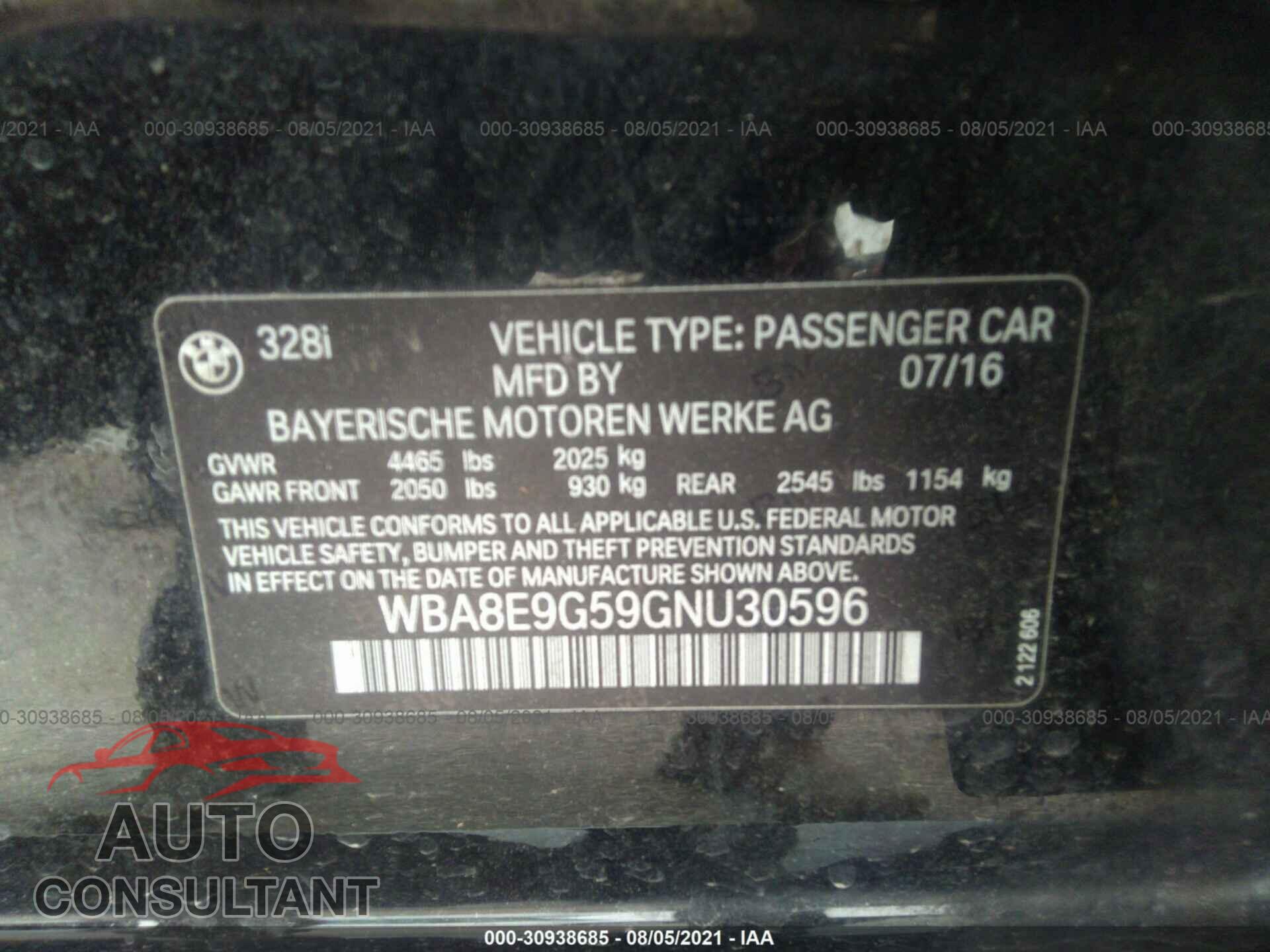 BMW 3 SERIES 2016 - WBA8E9G59GNU30596