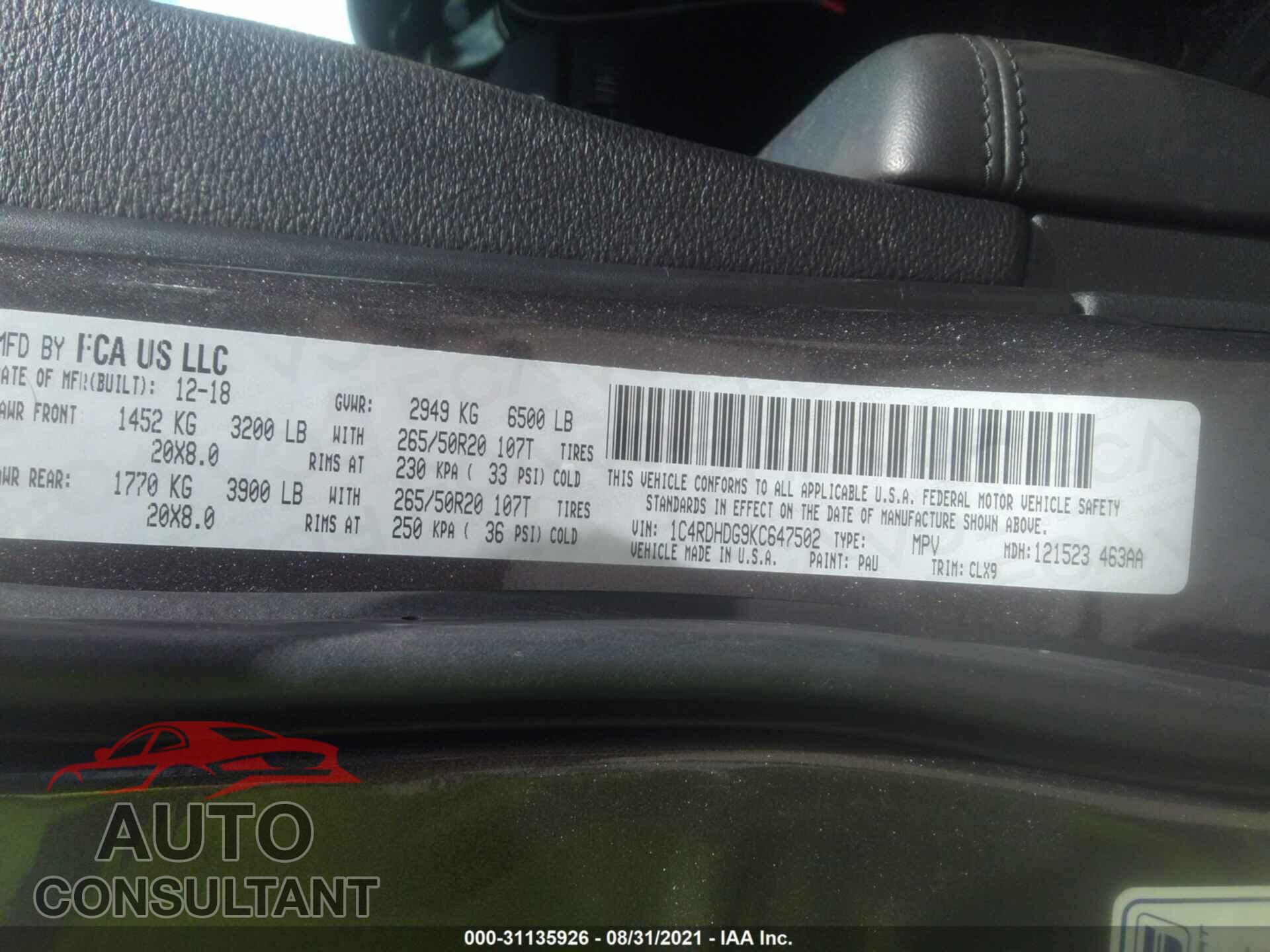 DODGE DURANGO 2019 - 1C4RDHDG9KC647502