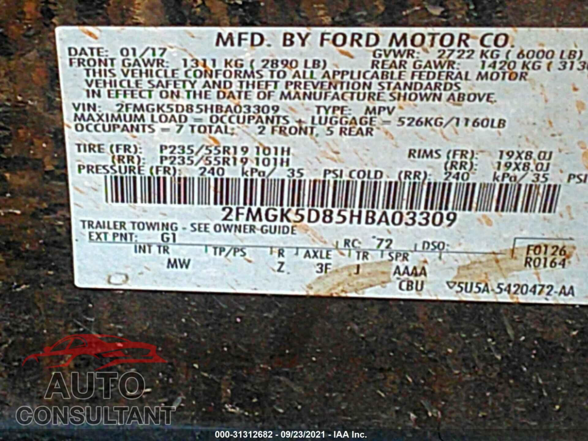 FORD FLEX 2017 - 2FMGK5D85HBA03309