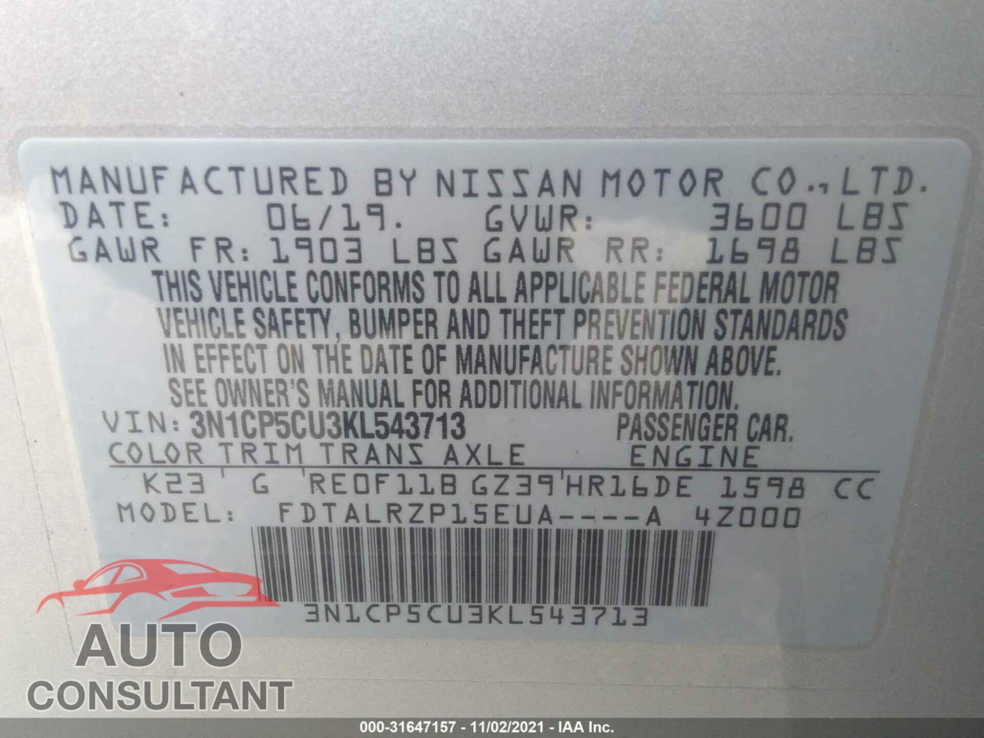 NISSAN KICKS 2019 - 3N1CP5CU3KL543713