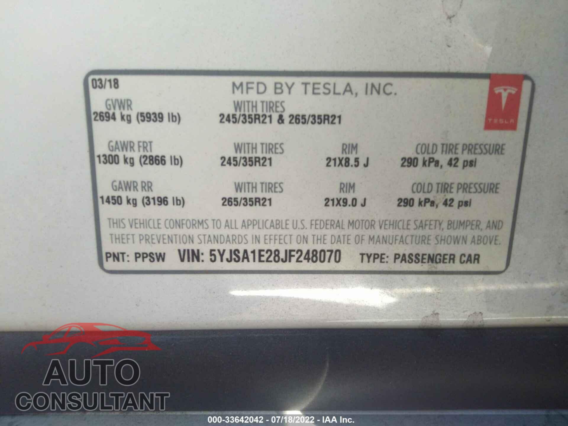 TESLA MODEL S 2018 - 5YJSA1E28JF248070
