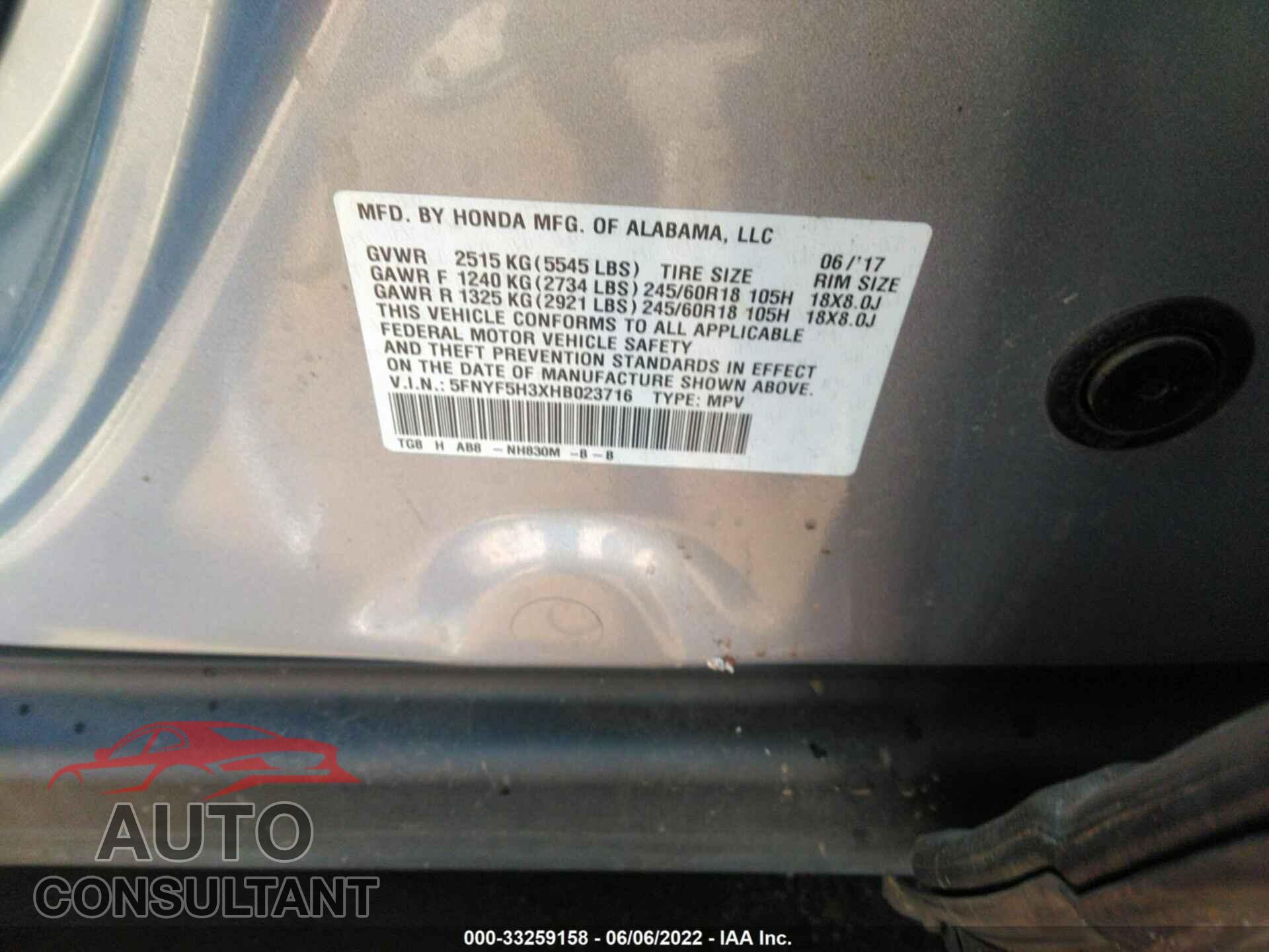HONDA PILOT 2017 - 5FNYF5H3XHB023716