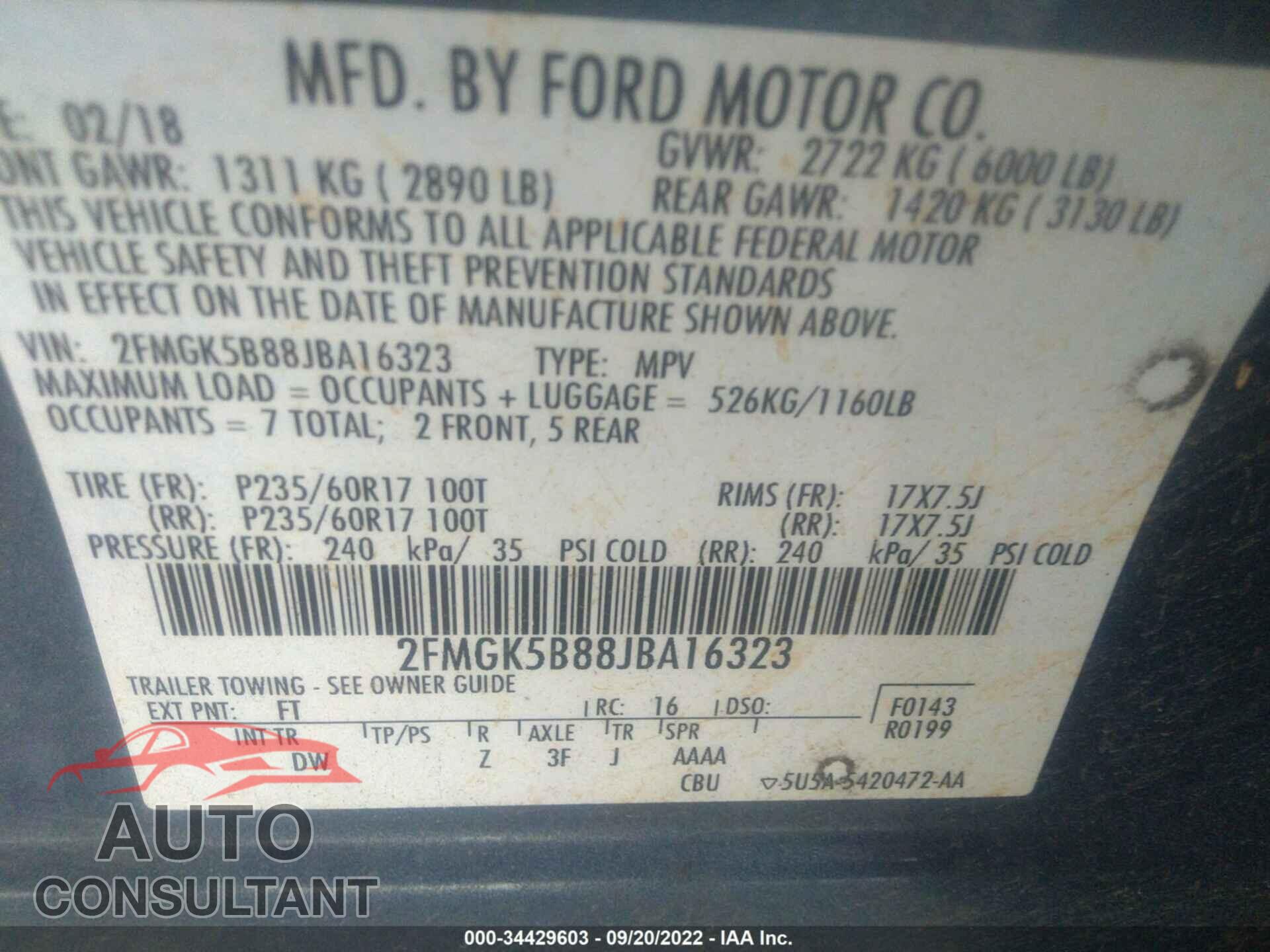 FORD FLEX 2018 - 2FMGK5B88JBA16323