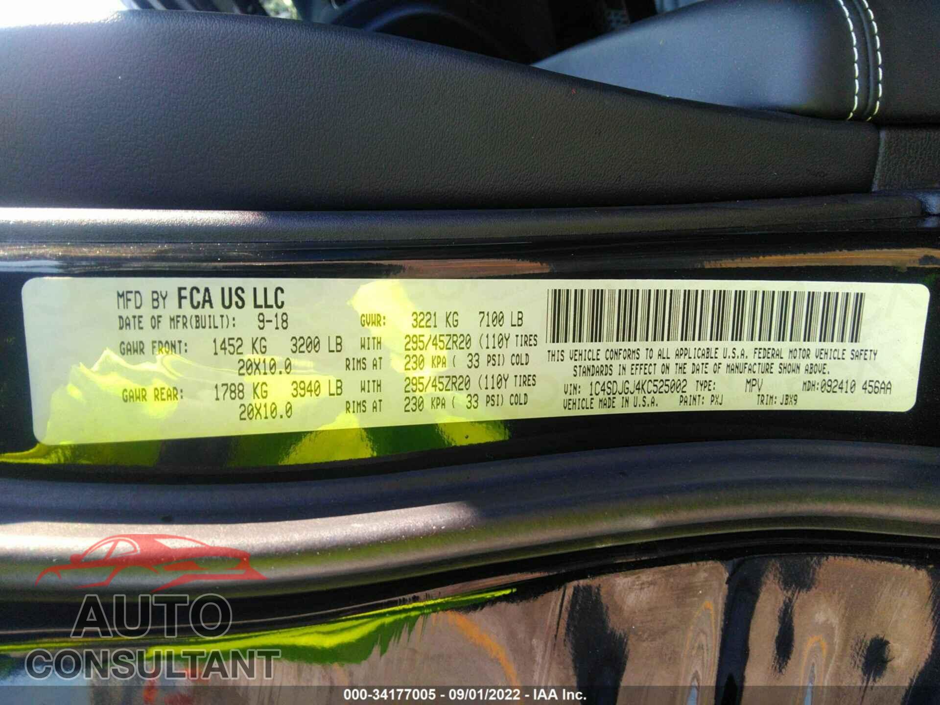 DODGE DURANGO 2019 - 1C4SDJGJ4KC525002
