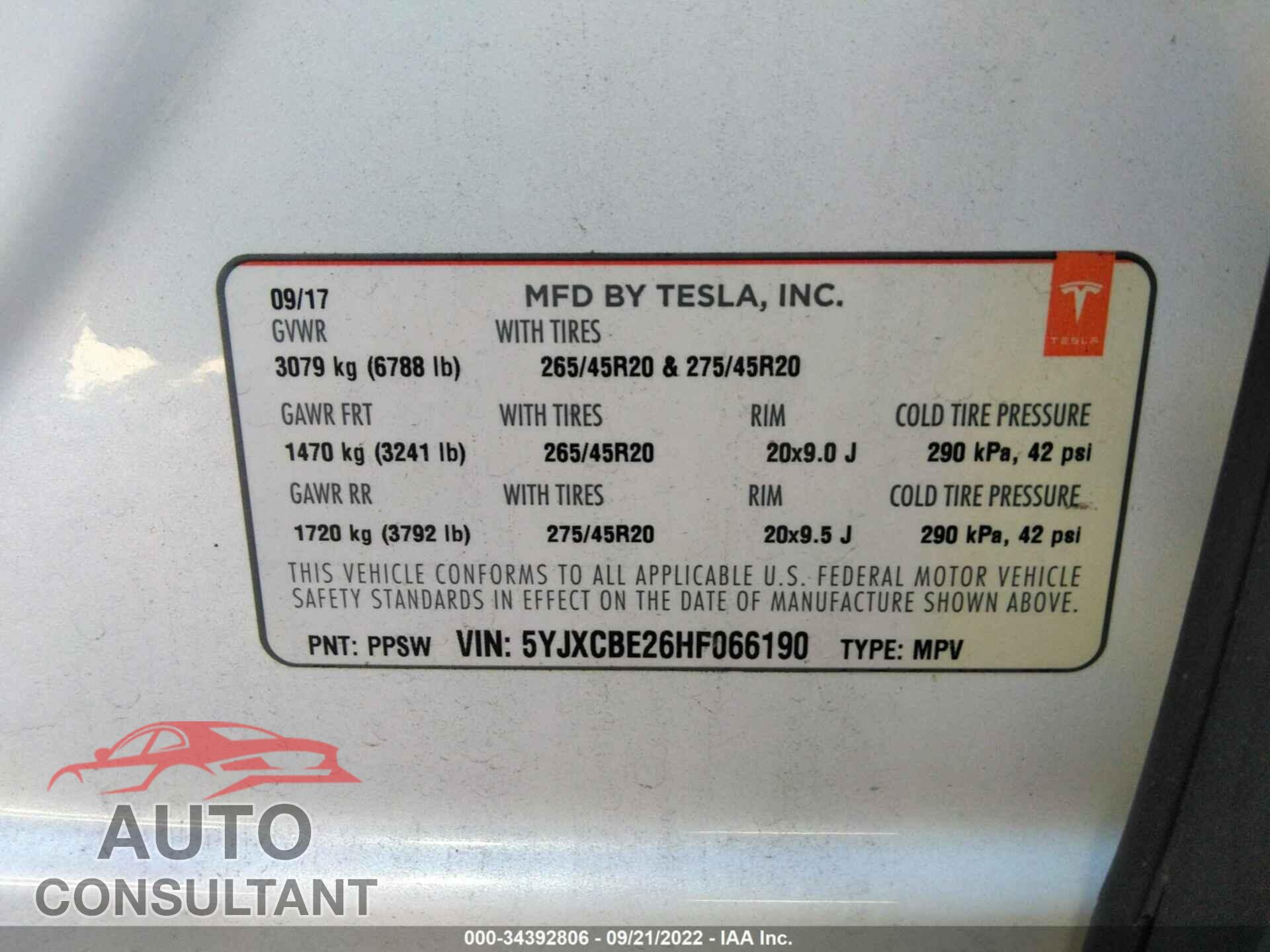 TESLA MODEL X 2017 - 5YJXCBE26HF066190
