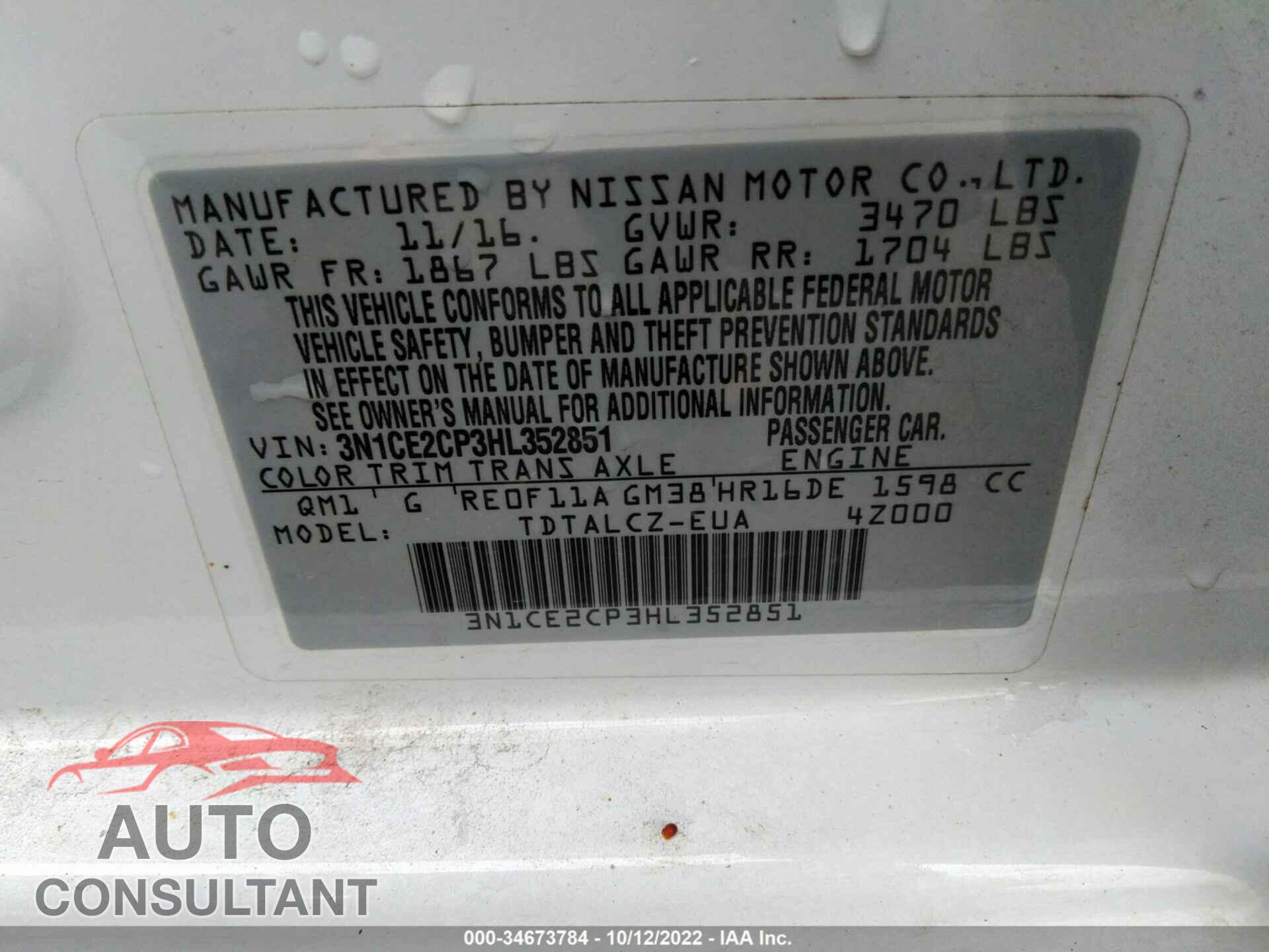 NISSAN VERSA NOTE 2017 - 3N1CE2CP3HL352851