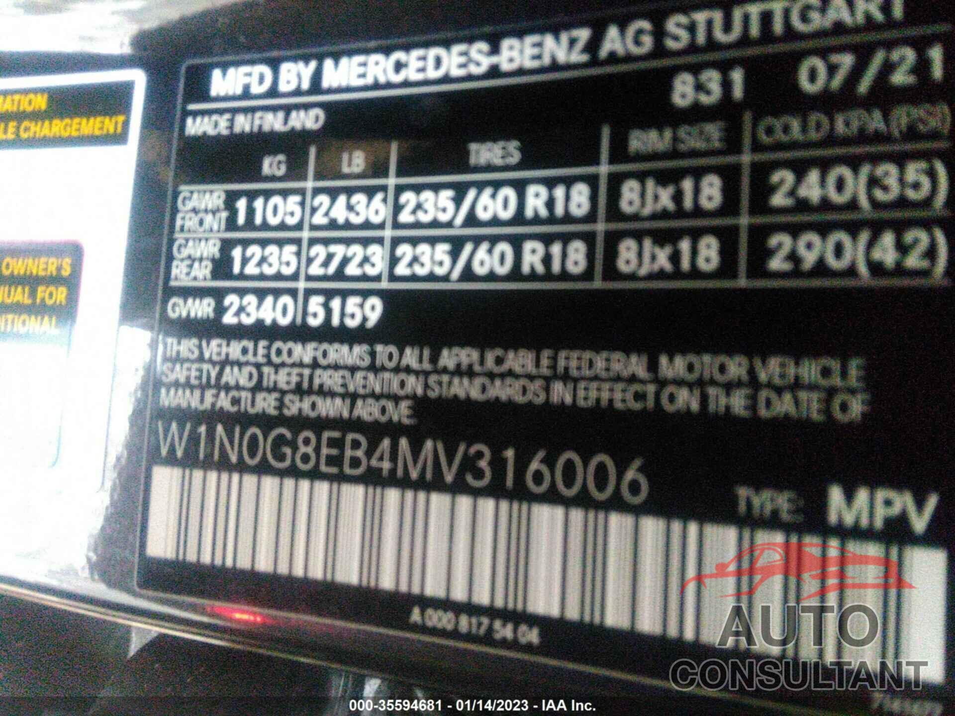 MERCEDES-BENZ GLC 2021 - W1N0G8EB4MV316006