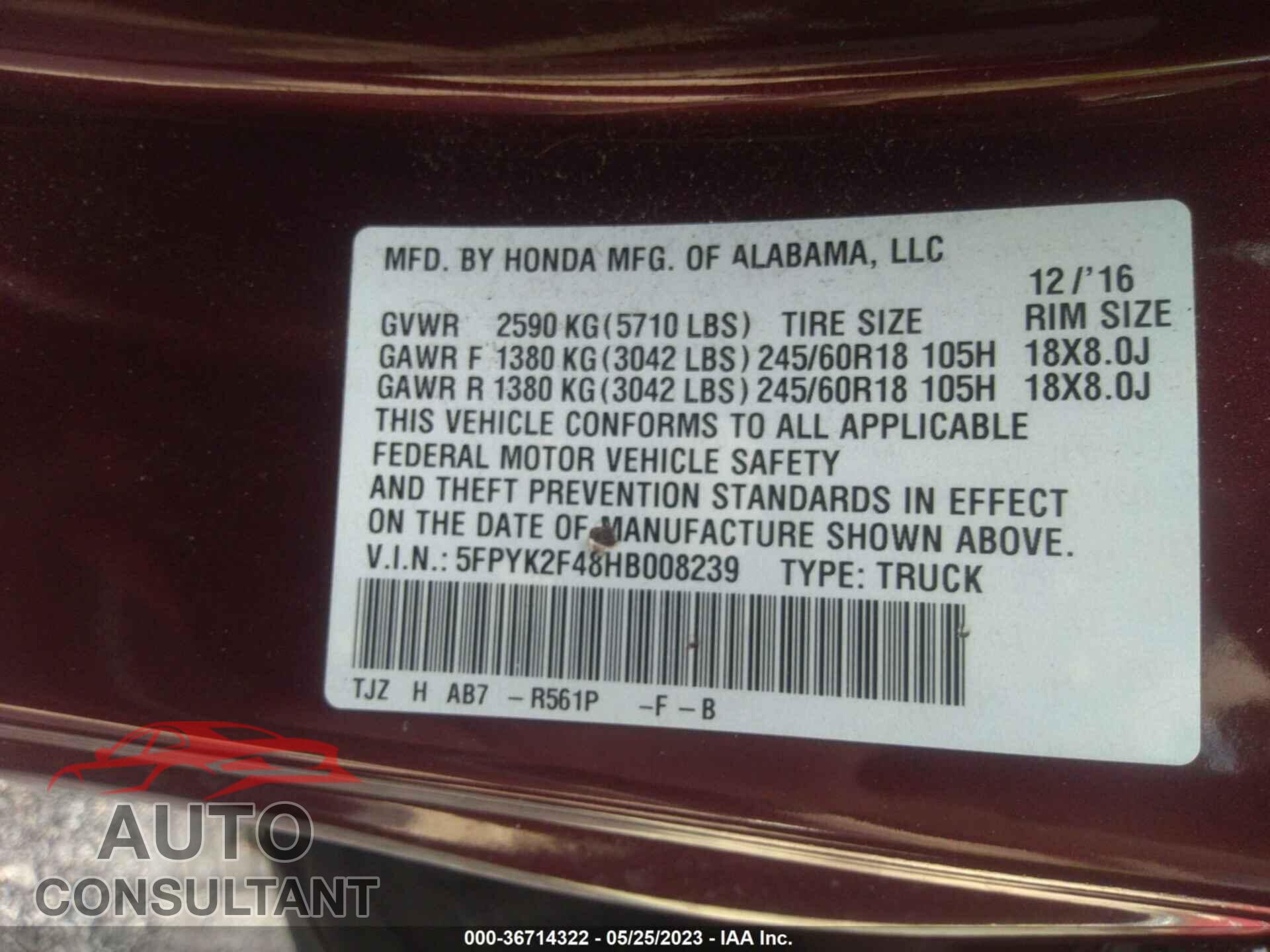 HONDA RIDGELINE 2017 - 5FPYK2F48HB008239