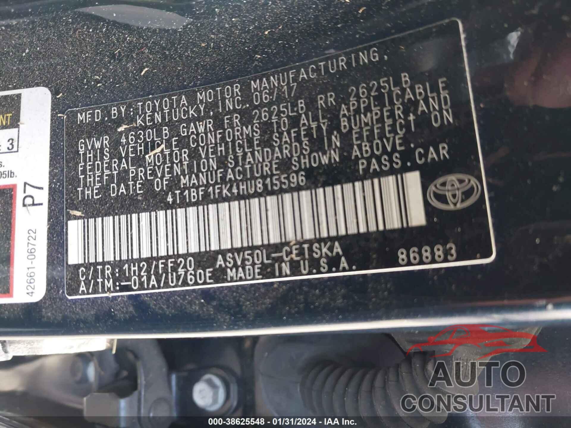 TOYOTA CAMRY 2017 - 4T1BF1FK4HU815596