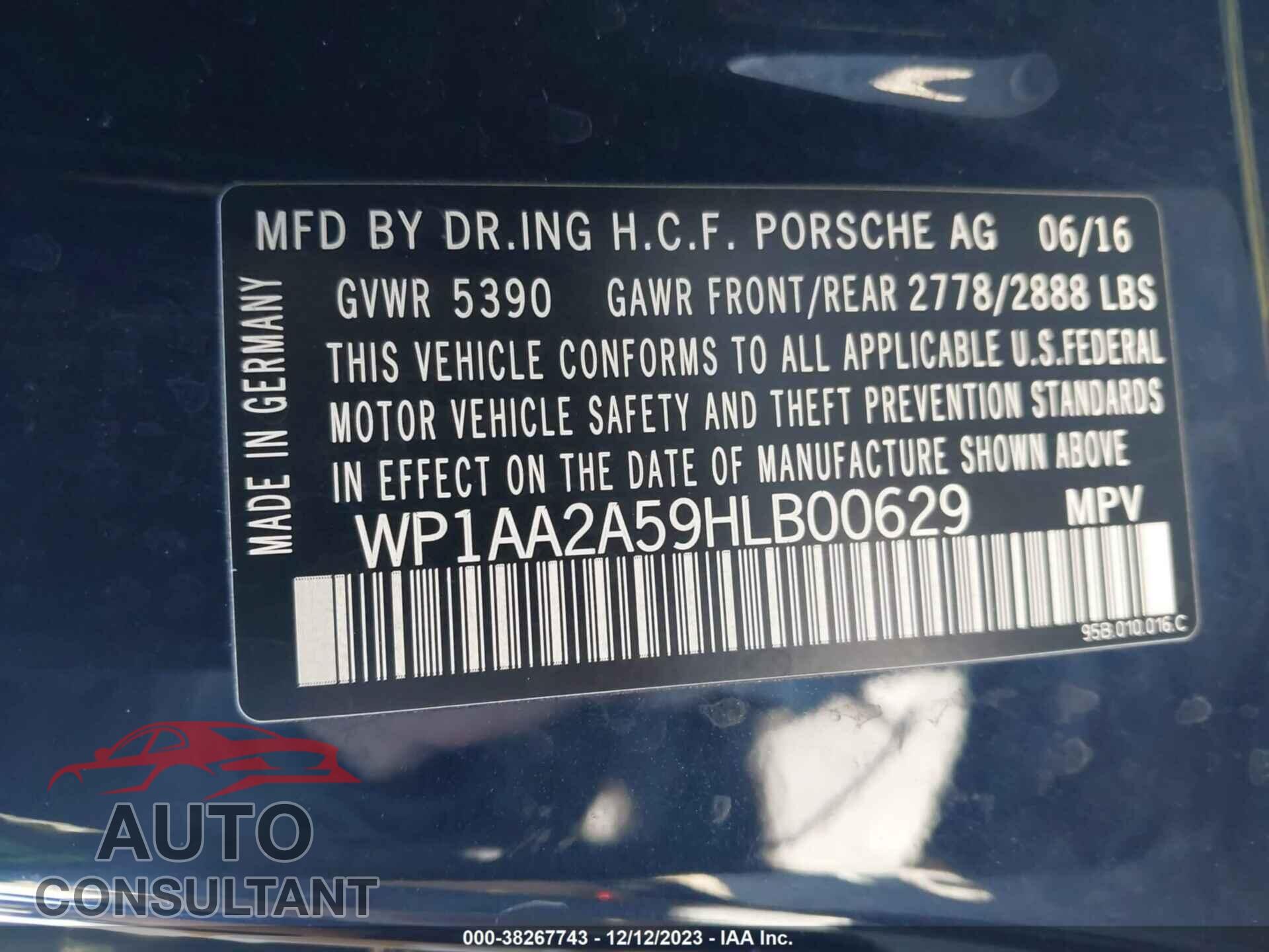 PORSCHE MACAN 2017 - WP1AA2A59HLB00629