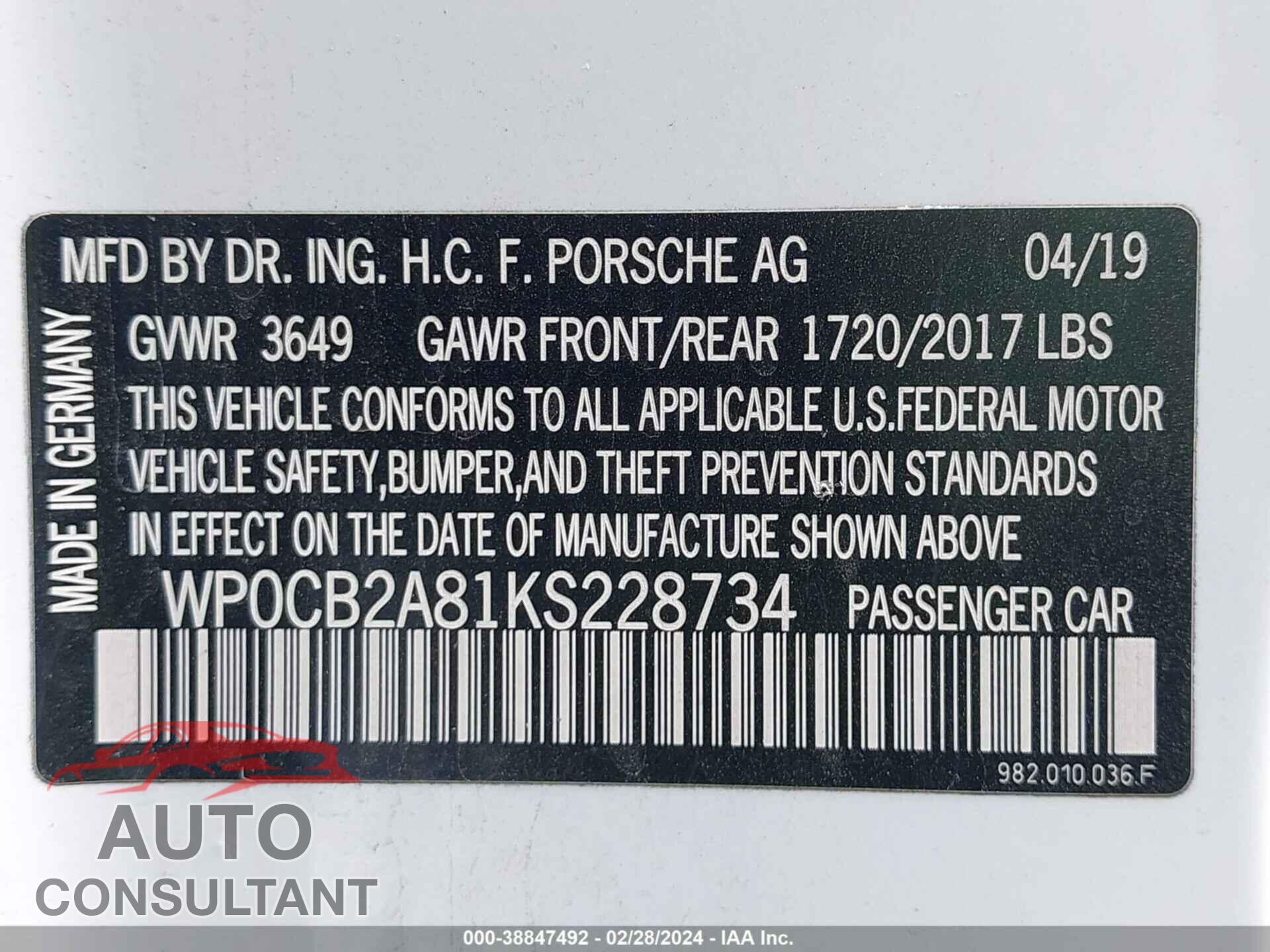 PORSCHE BOXSTER 2019 - WP0CB2A81KS228734
