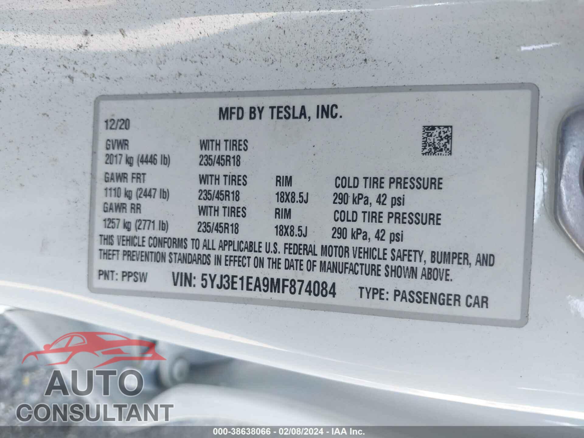 TESLA MODEL 3 2021 - 5YJ3E1EA9MF874084