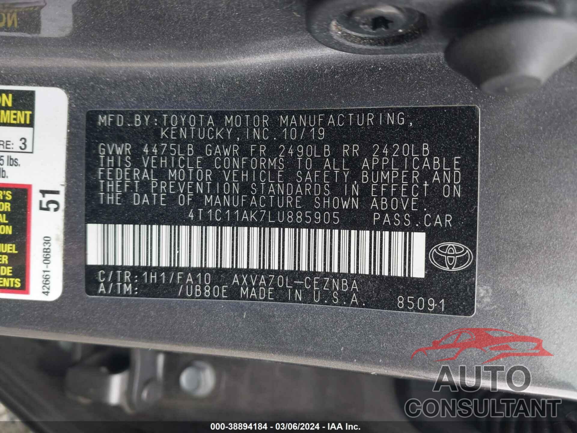 TOYOTA CAMRY 2020 - 4T1C11AK7LU885905