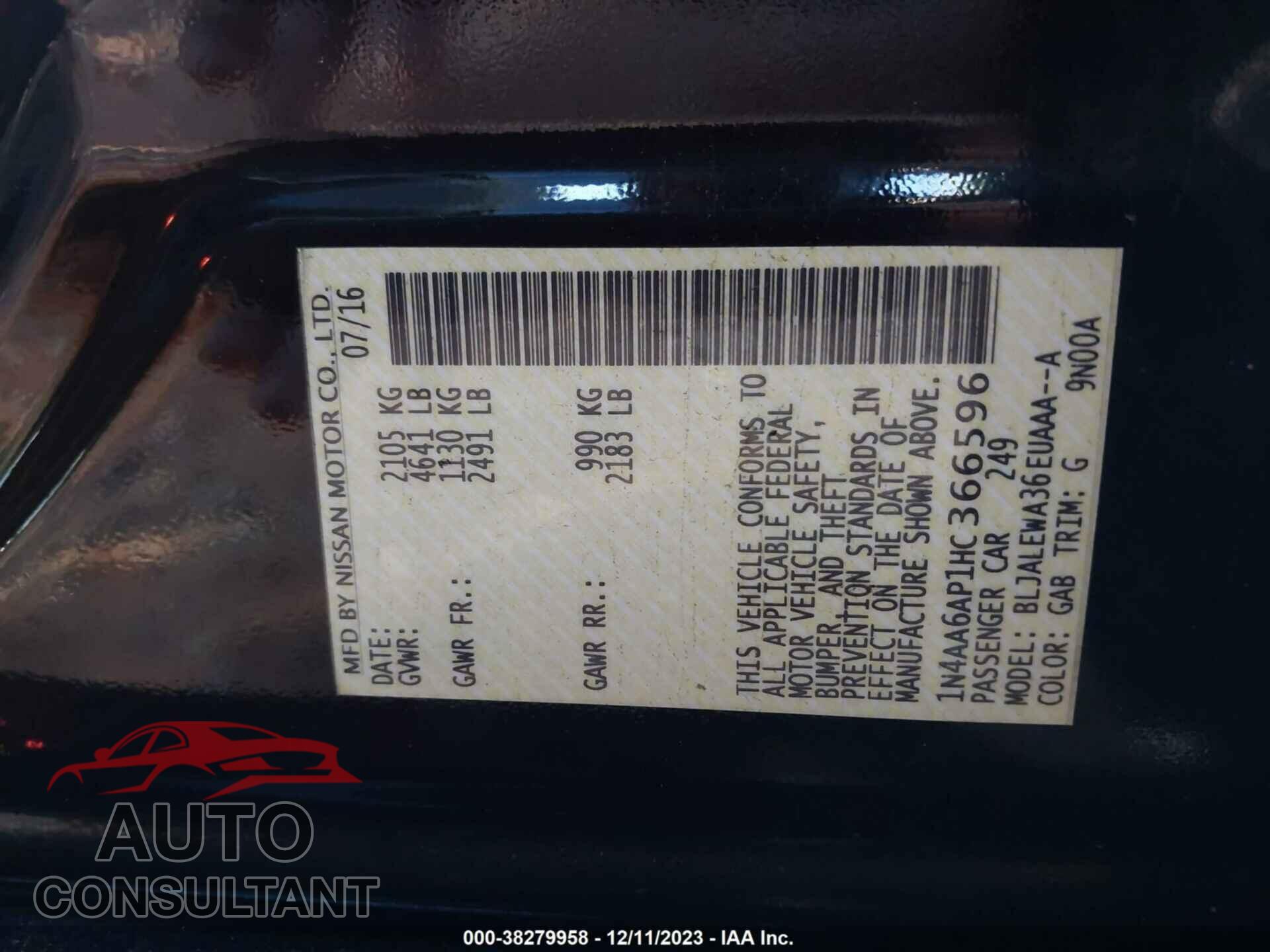 NISSAN MAXIMA 2017 - 1N4AA6AP1HC366596