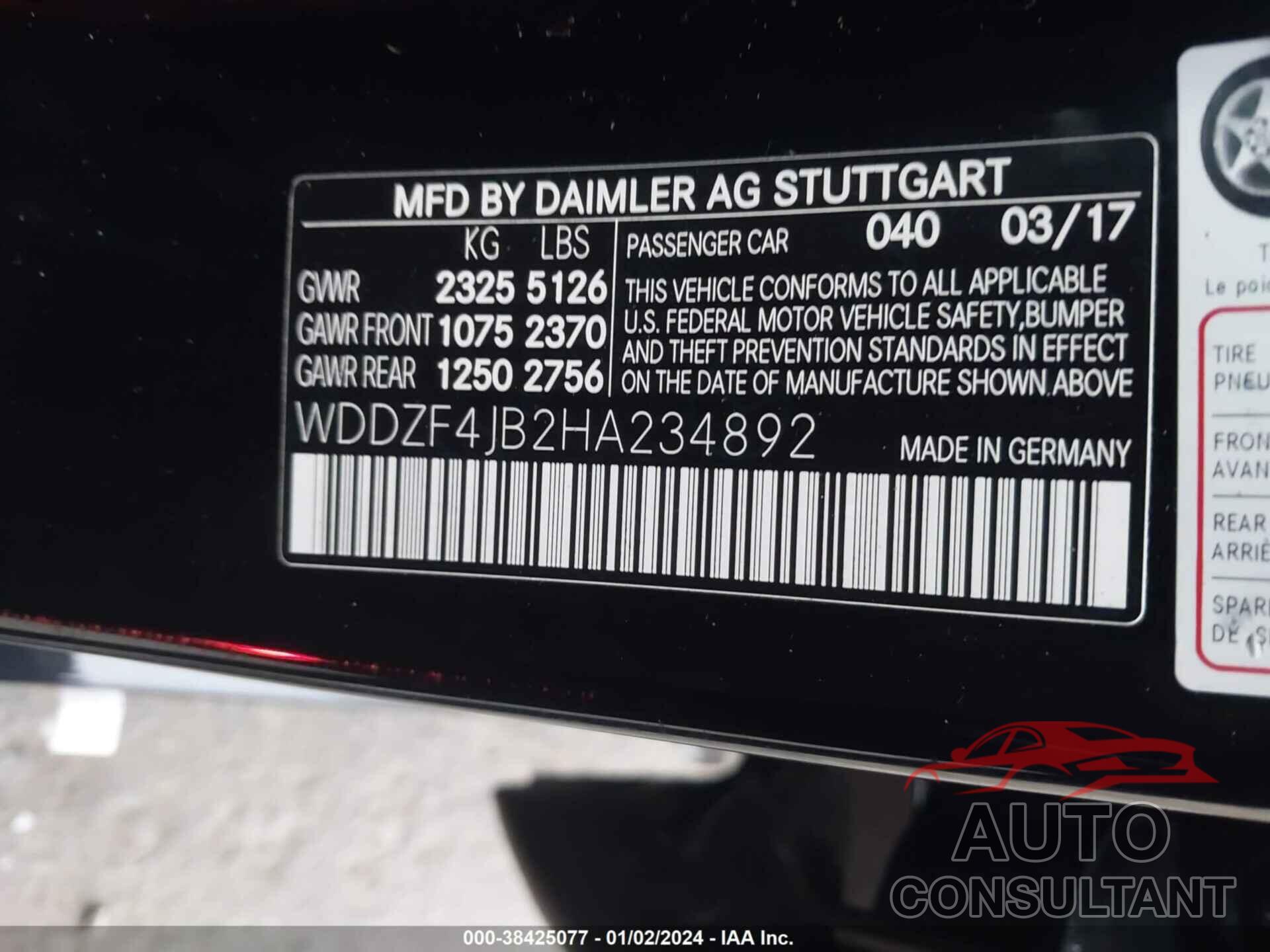 MERCEDES-BENZ E 300 2017 - WDDZF4JB2HA234892