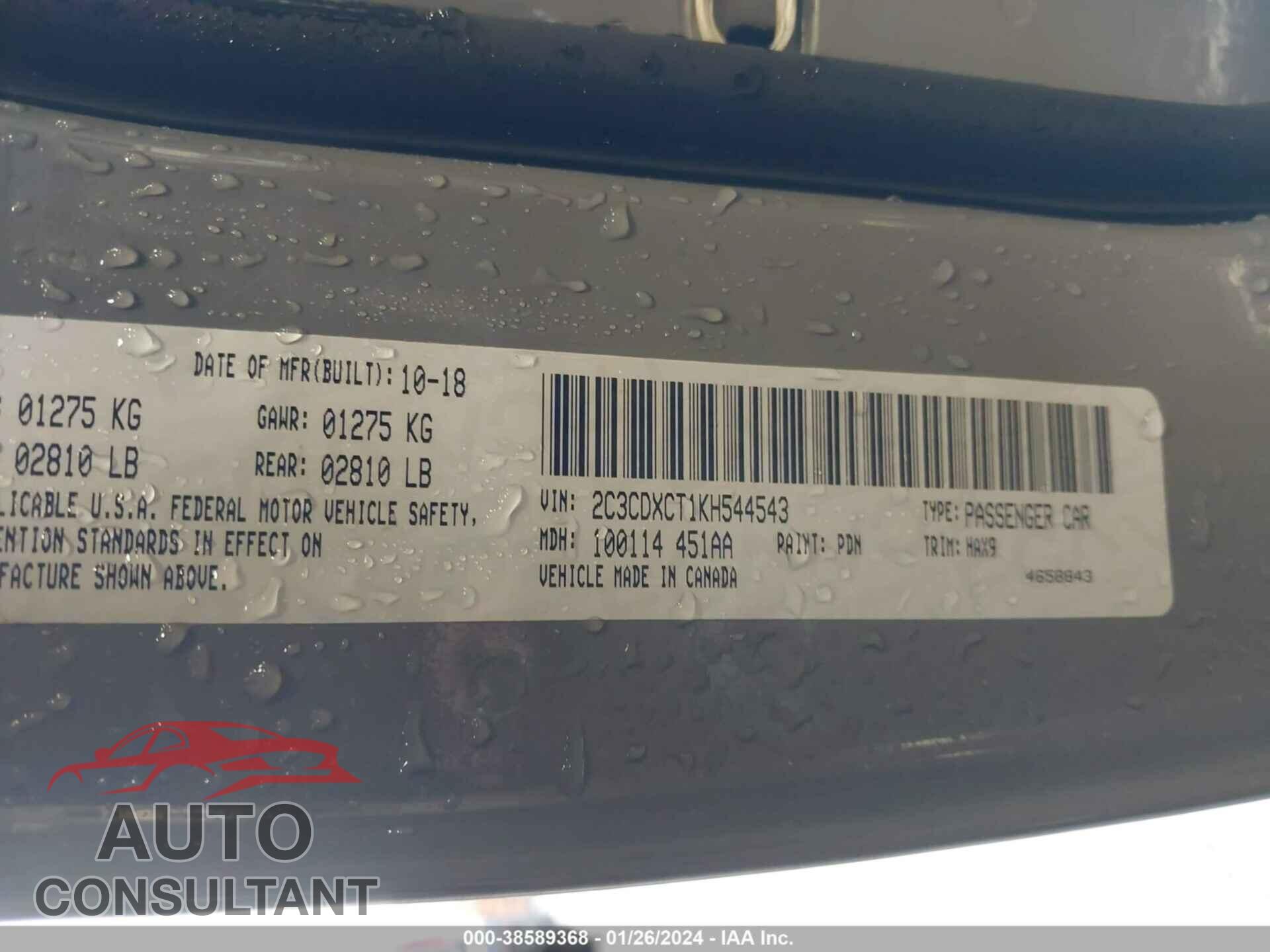 DODGE CHARGER 2019 - 2C3CDXCT1KH544543