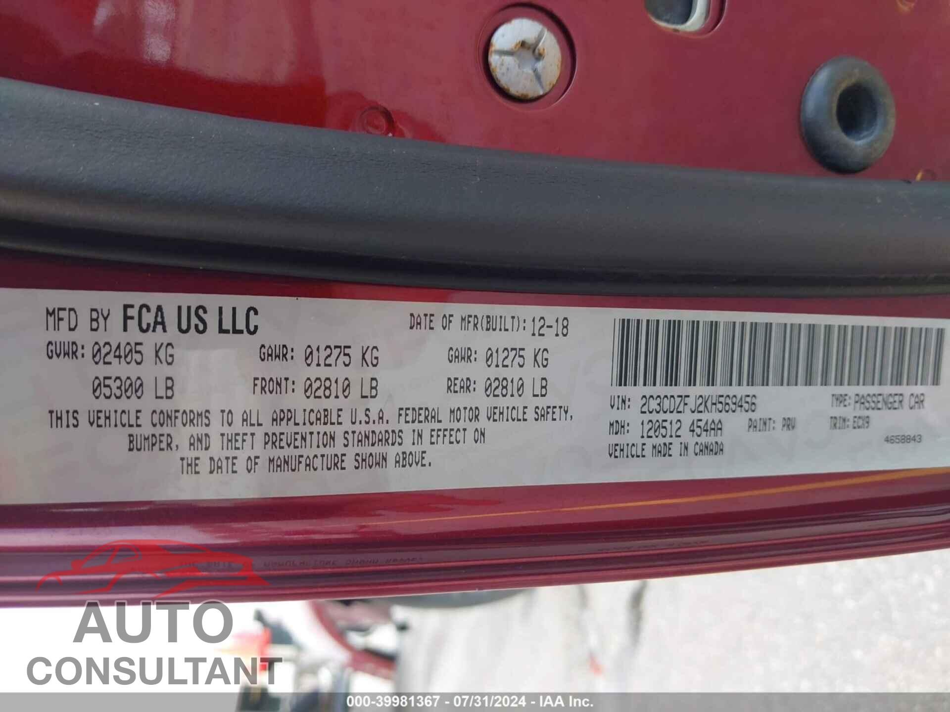 DODGE CHALLENGER 2019 - 2C3CDZFJ2KH569456