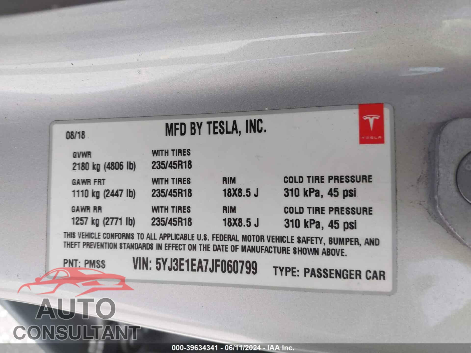 TESLA MODEL 3 2018 - 5YJ3E1EA7JF060799