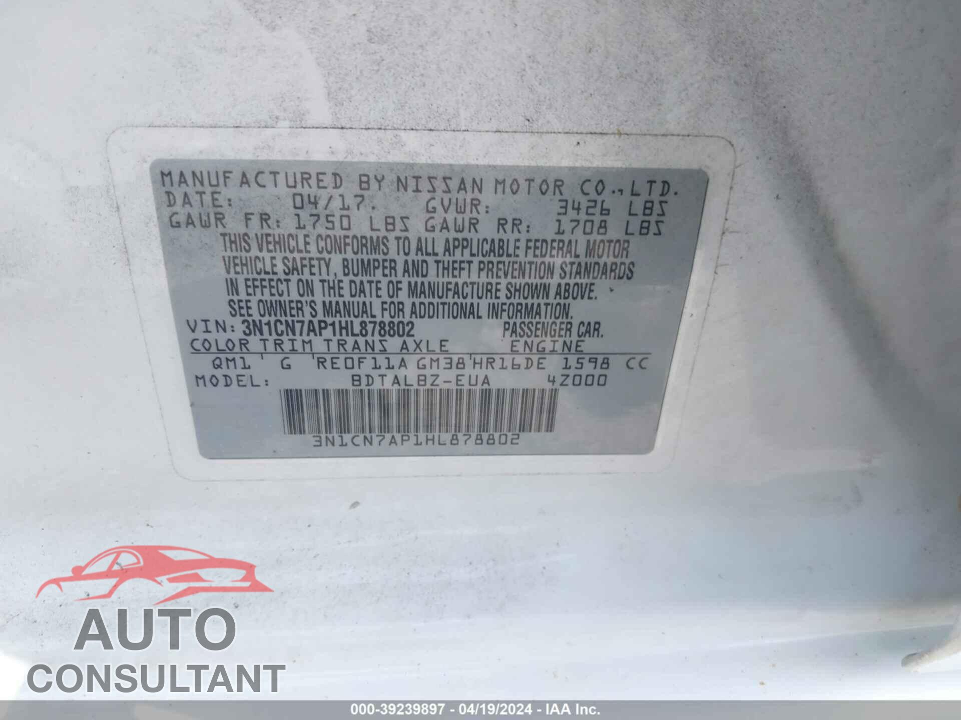 NISSAN VERSA 2017 - 3N1CN7AP1HL878802