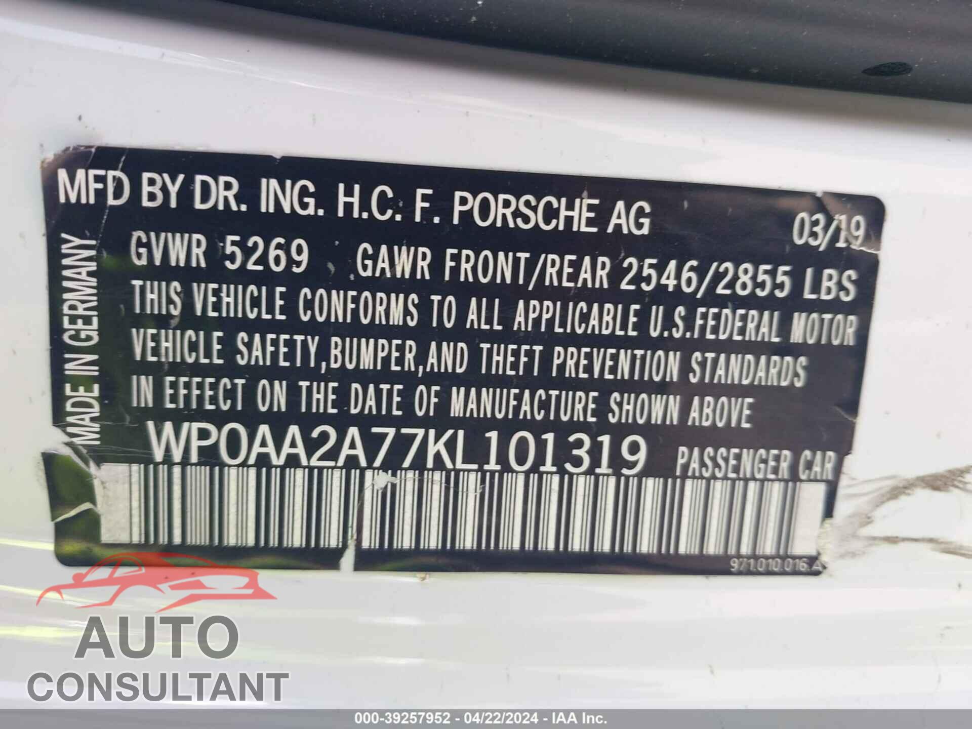 PORSCHE PANAMERA 2019 - WP0AA2A77KL101319