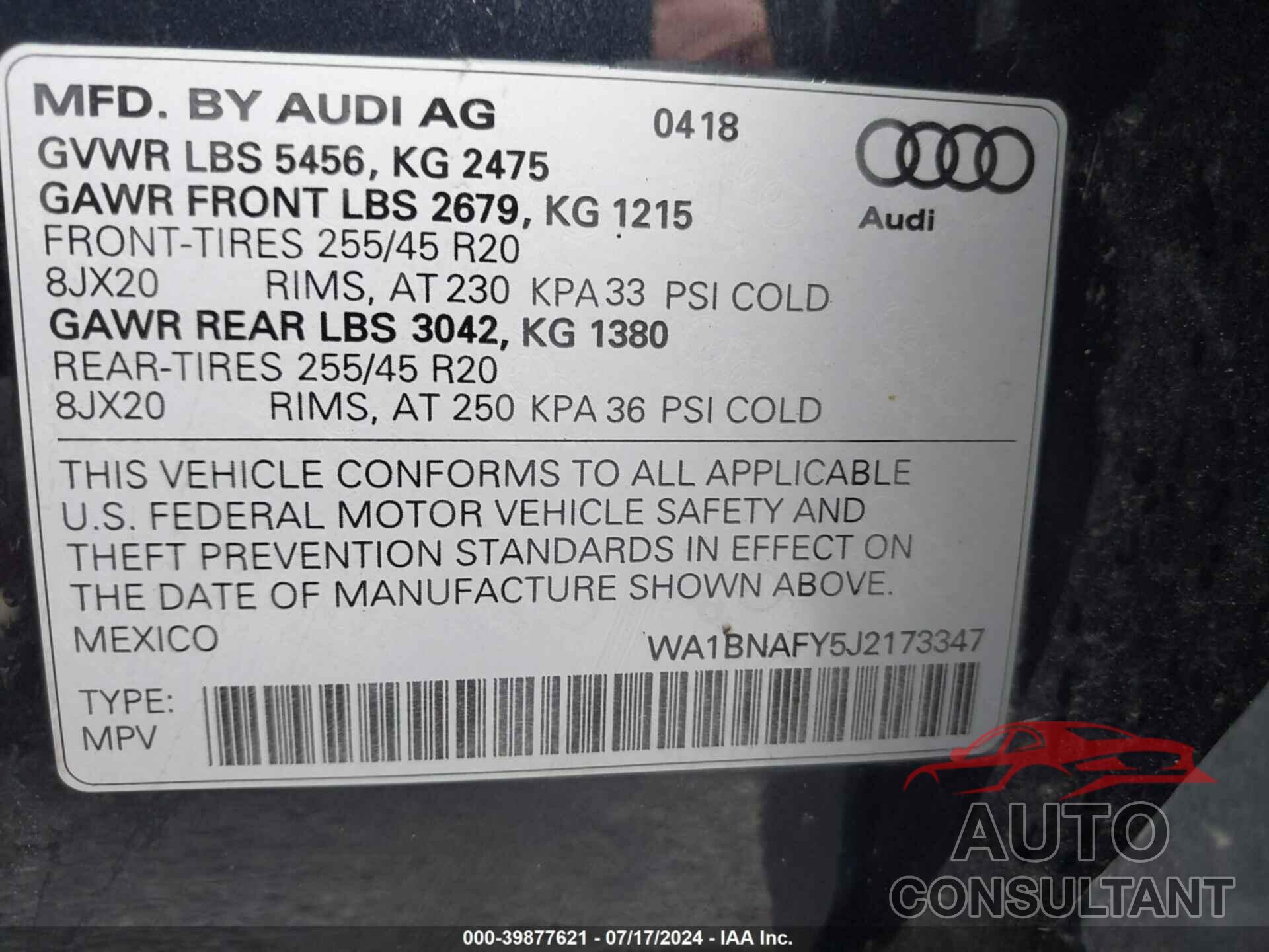 AUDI Q5 2018 - WA1BNAFY5J2173347