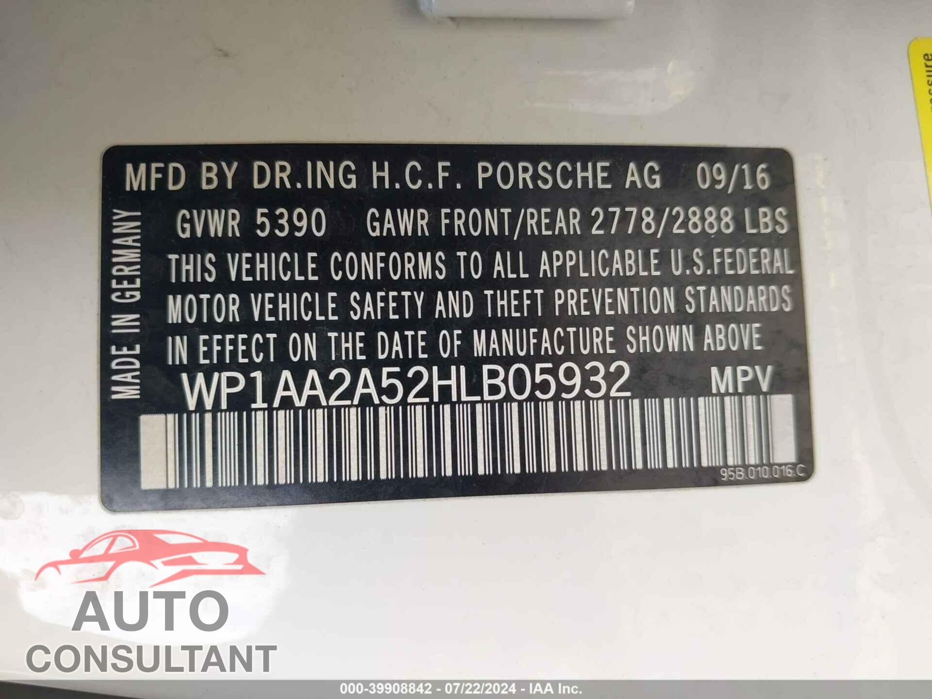 PORSCHE MACAN 2017 - WP1AA2A52HLB05932