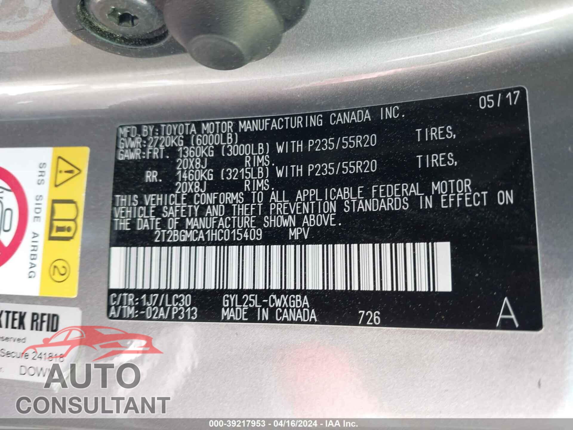 LEXUS RX 450H 2017 - 2T2BGMCA1HC015409