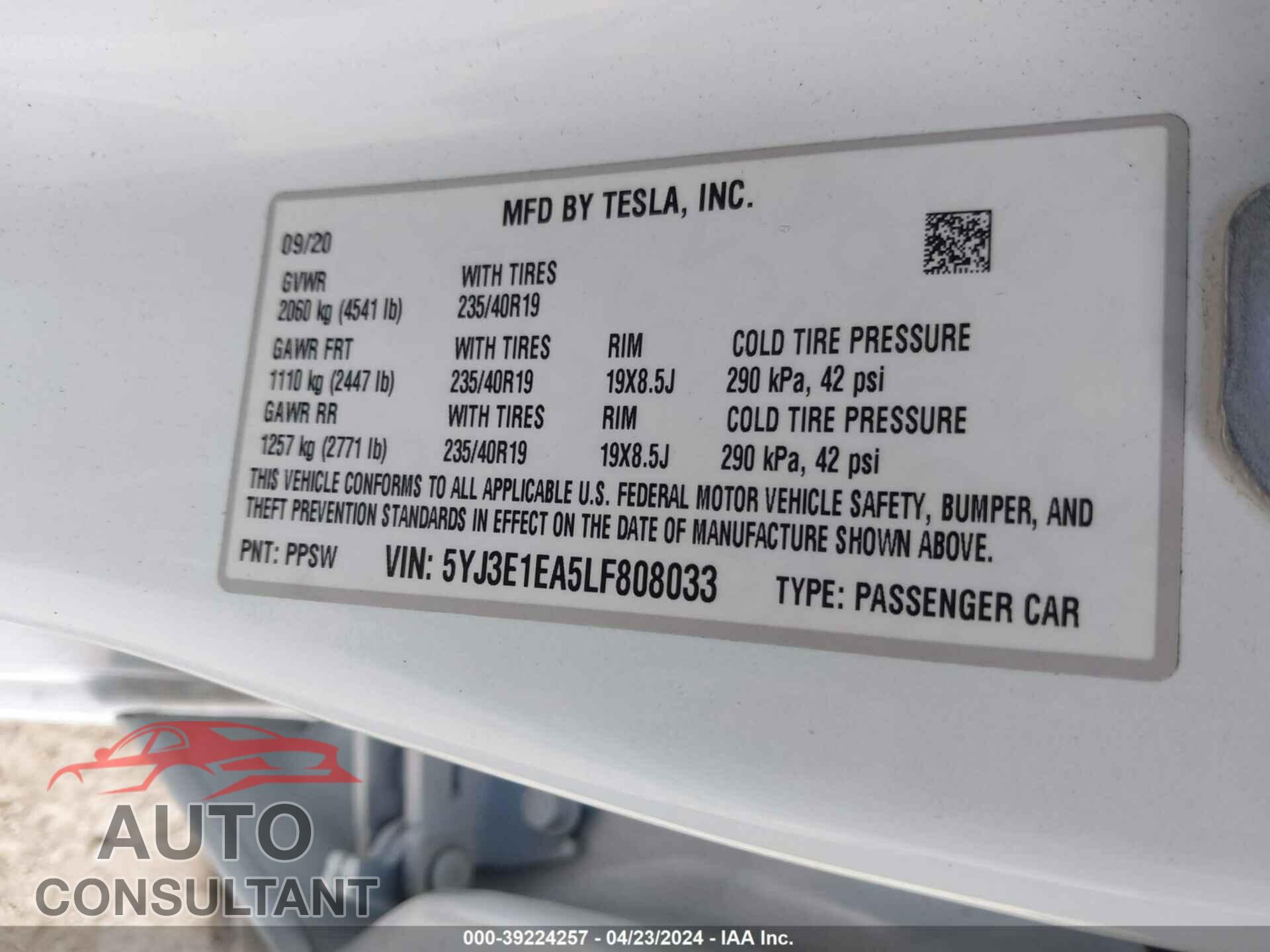 TESLA MODEL 3 2020 - 5YJ3E1EA5LF808033
