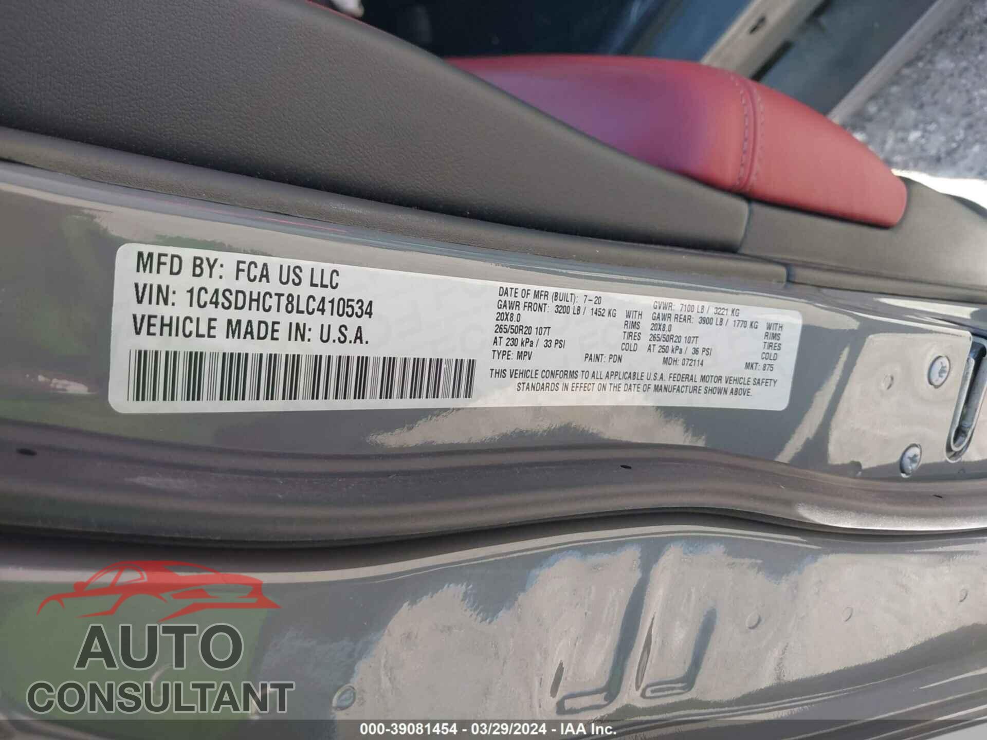 DODGE DURANGO 2020 - 1C4SDHCT8LC410534