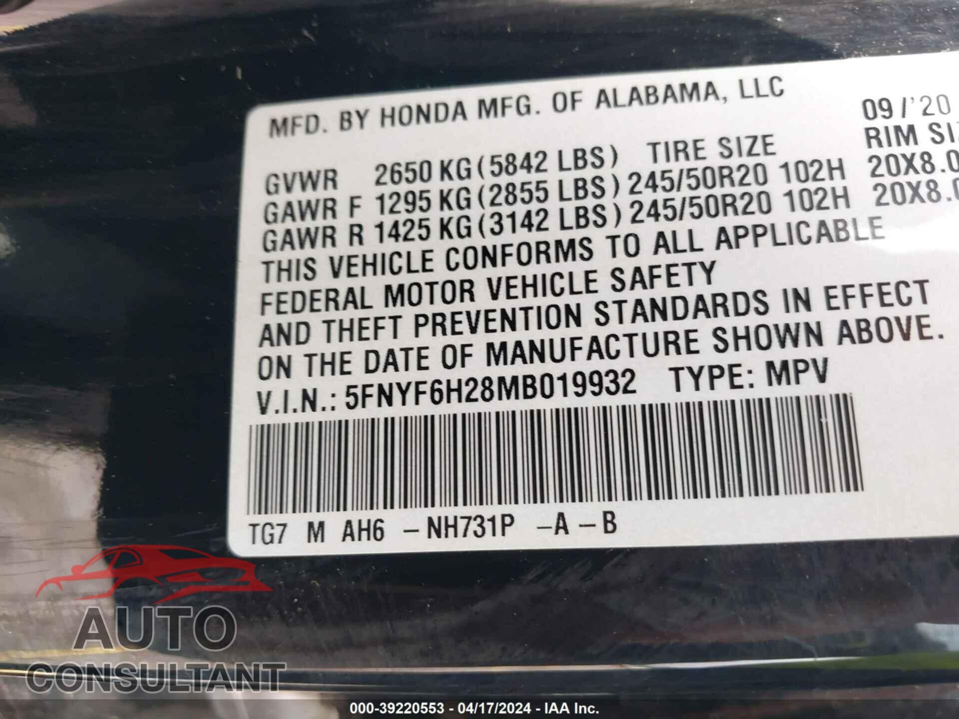 HONDA PILOT 2021 - 5FNYF6H28MB019932