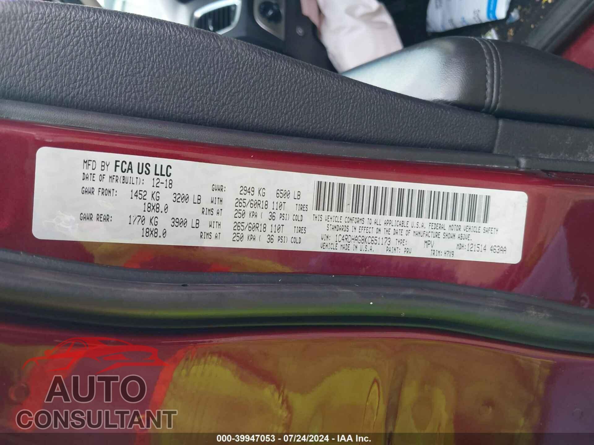 DODGE DURANGO 2019 - 1C4RDHAG8KC651173