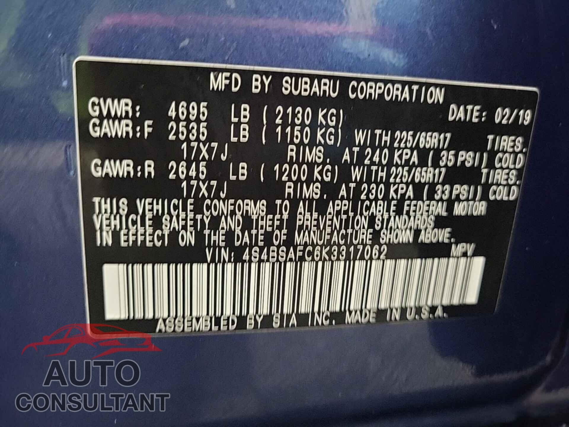 SUBARU OUTBACK 2019 - 4S4BSAFC6K3317062
