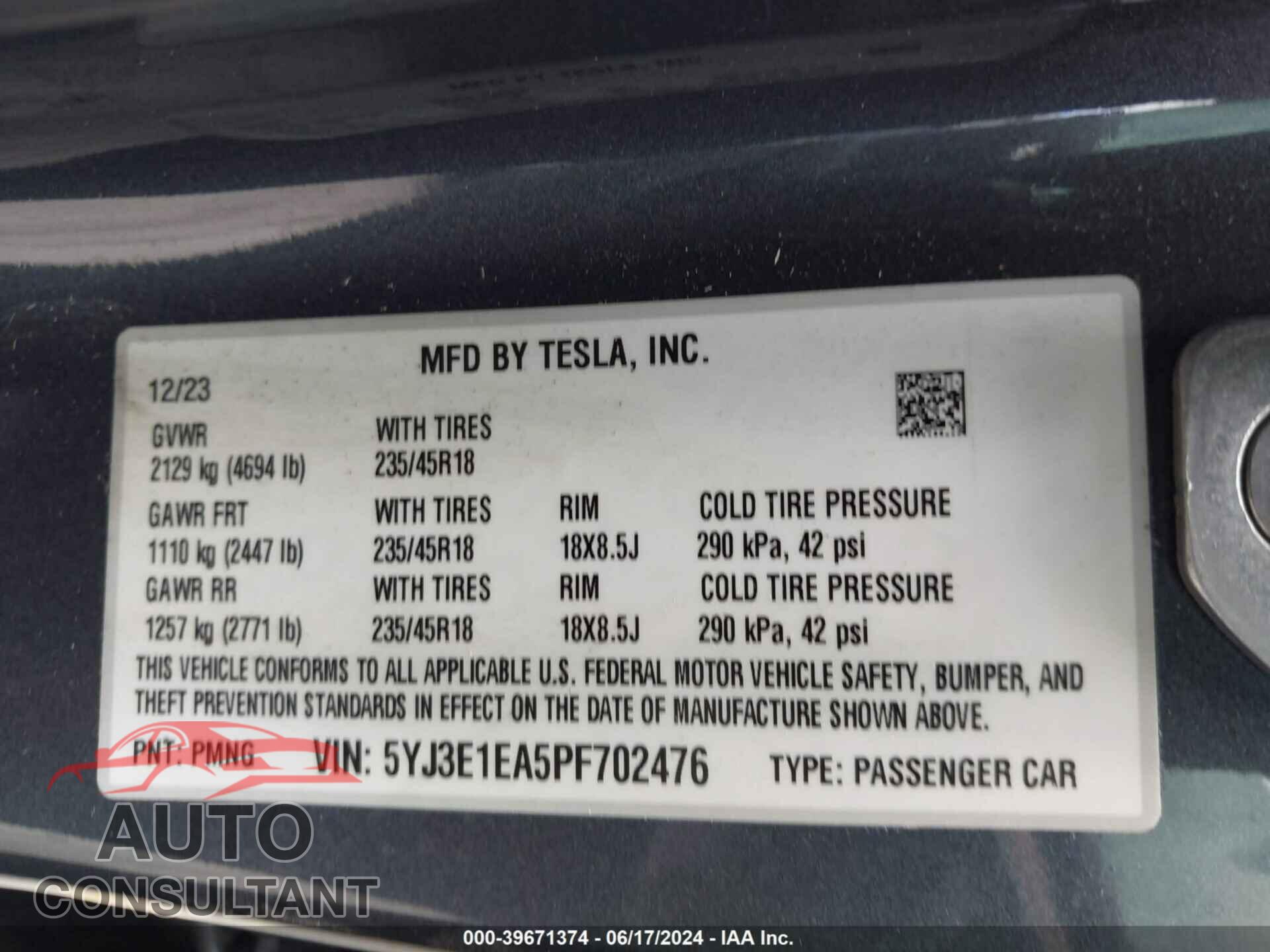 TESLA MODEL 3 2023 - 5YJ3E1EA5PF702476