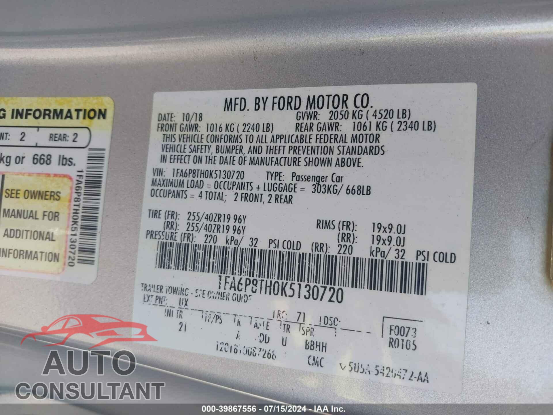FORD MUSTANG 2019 - 1FA6P8TH0K5130720