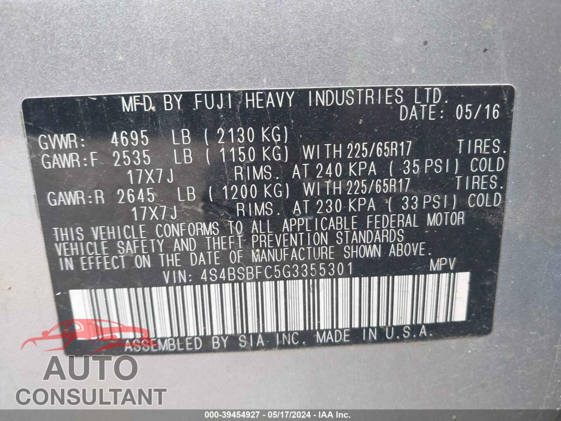 SUBARU OUTBACK 2016 - 4S4BSBFC5G3355301